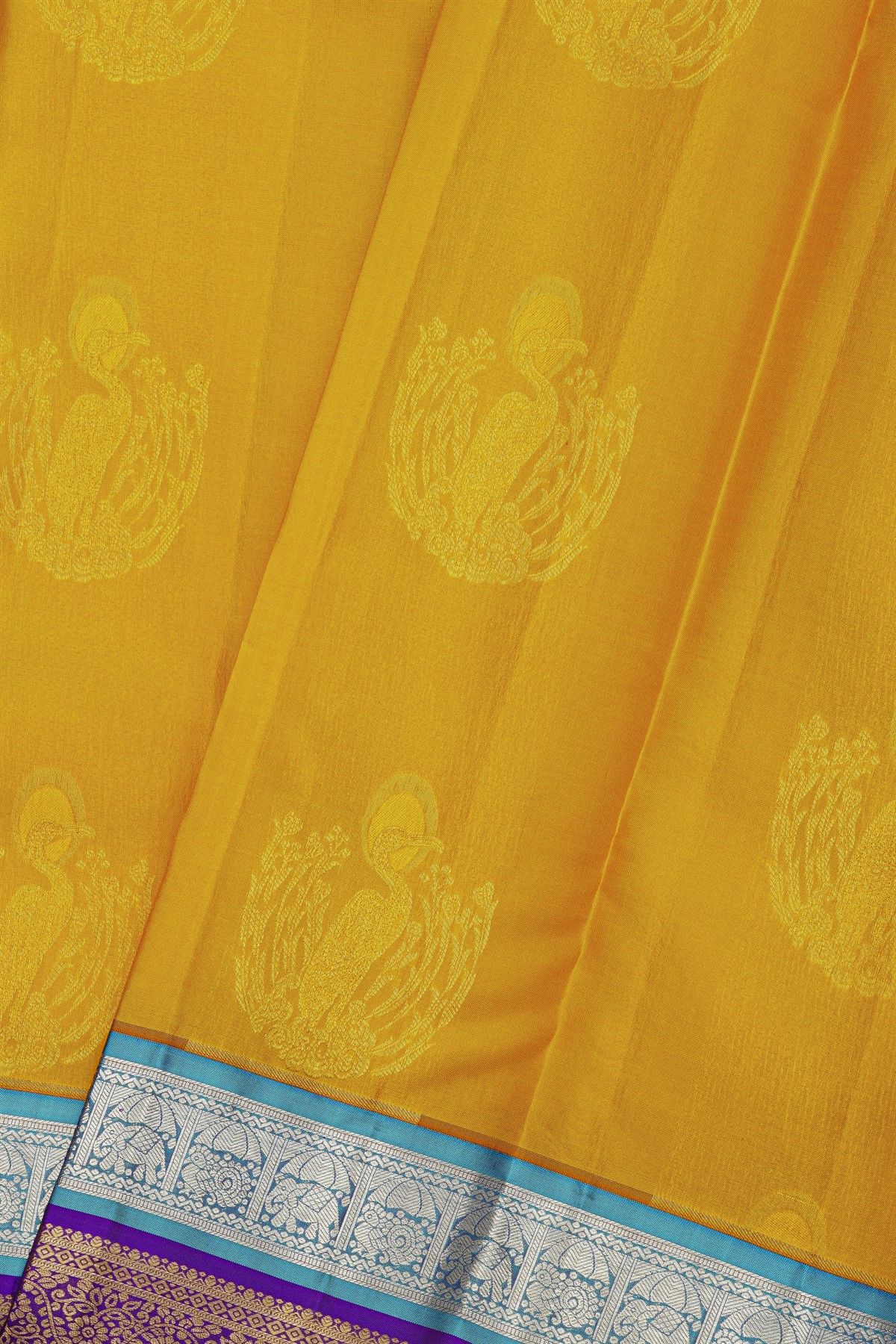 Kancheepuram Silk Mustard Saree With Florals And Cranes Body
