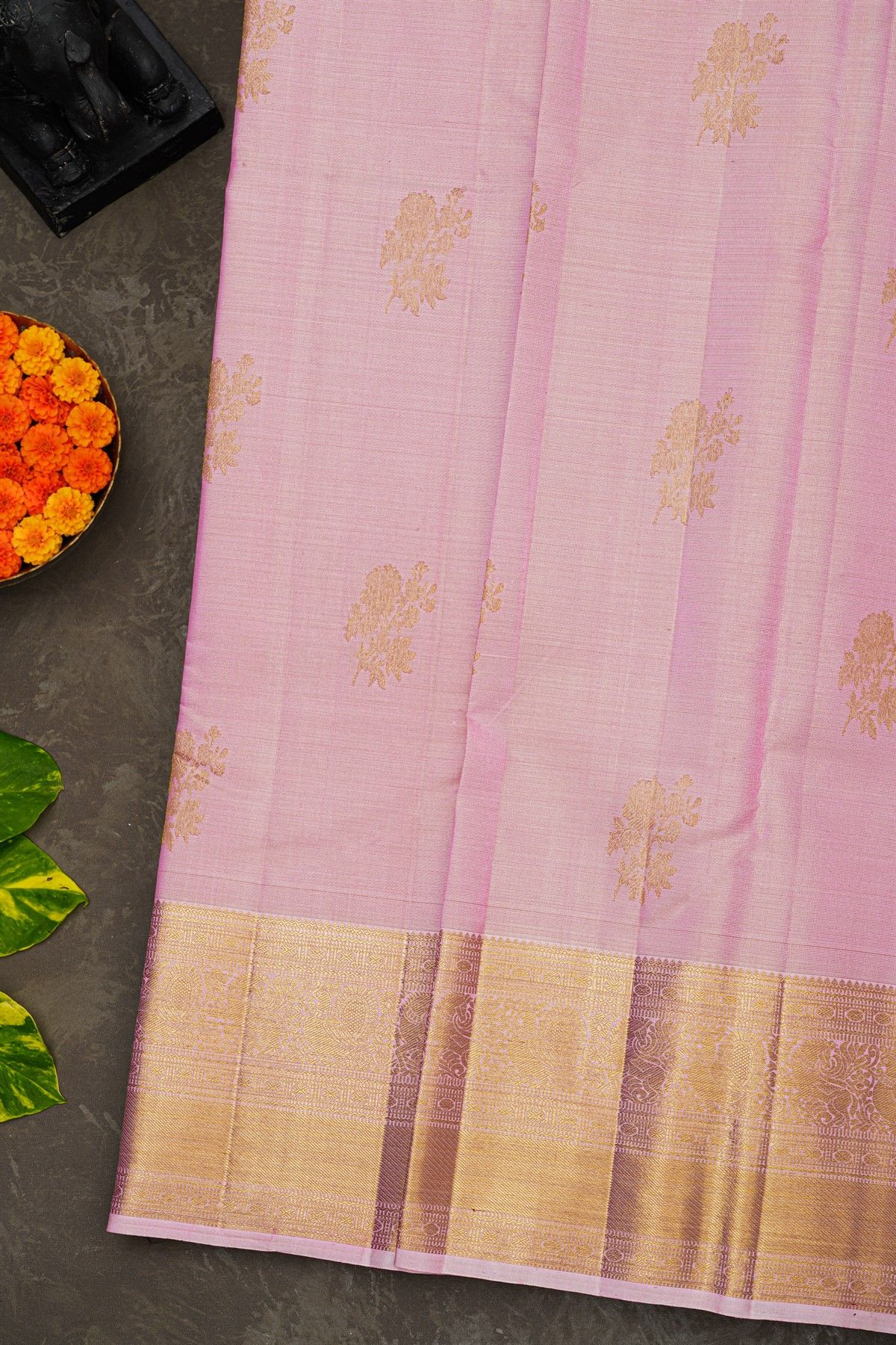 Kancheepuram Silk Baby Pink Saree With Florals And Leaves Body