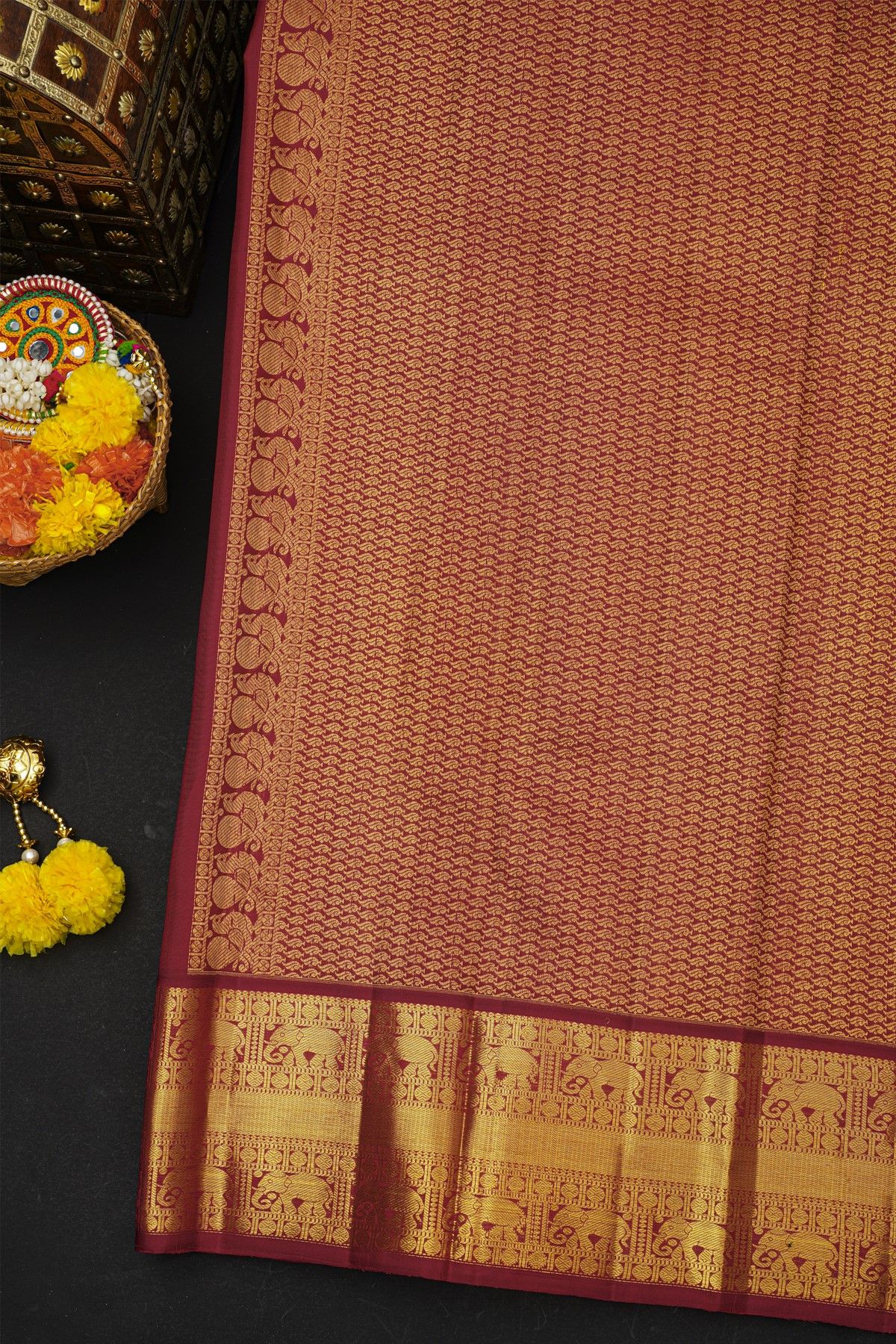 Kancheepuram Silk Navy Blue Saree With Elephant Buttis Kuttu Border