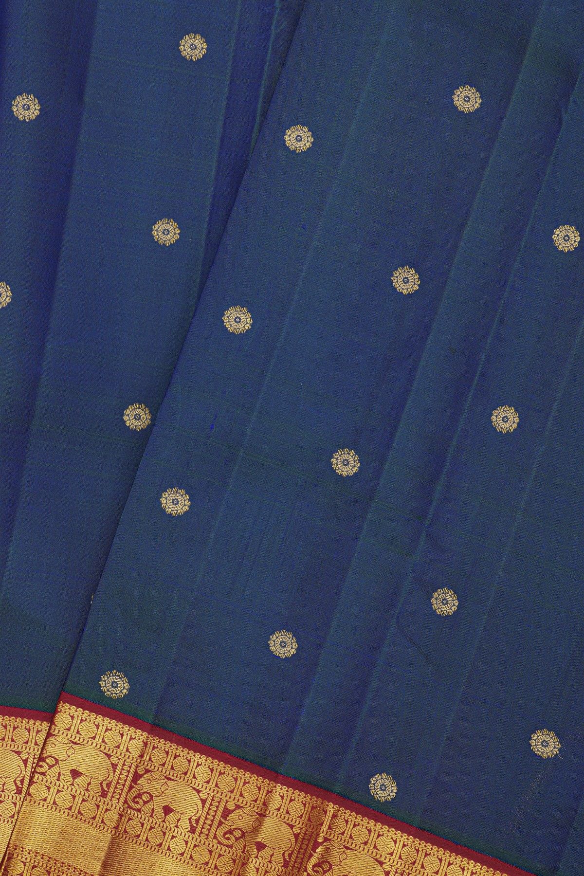Kancheepuram Silk Navy Blue Saree With Elephant Buttis Kuttu Border