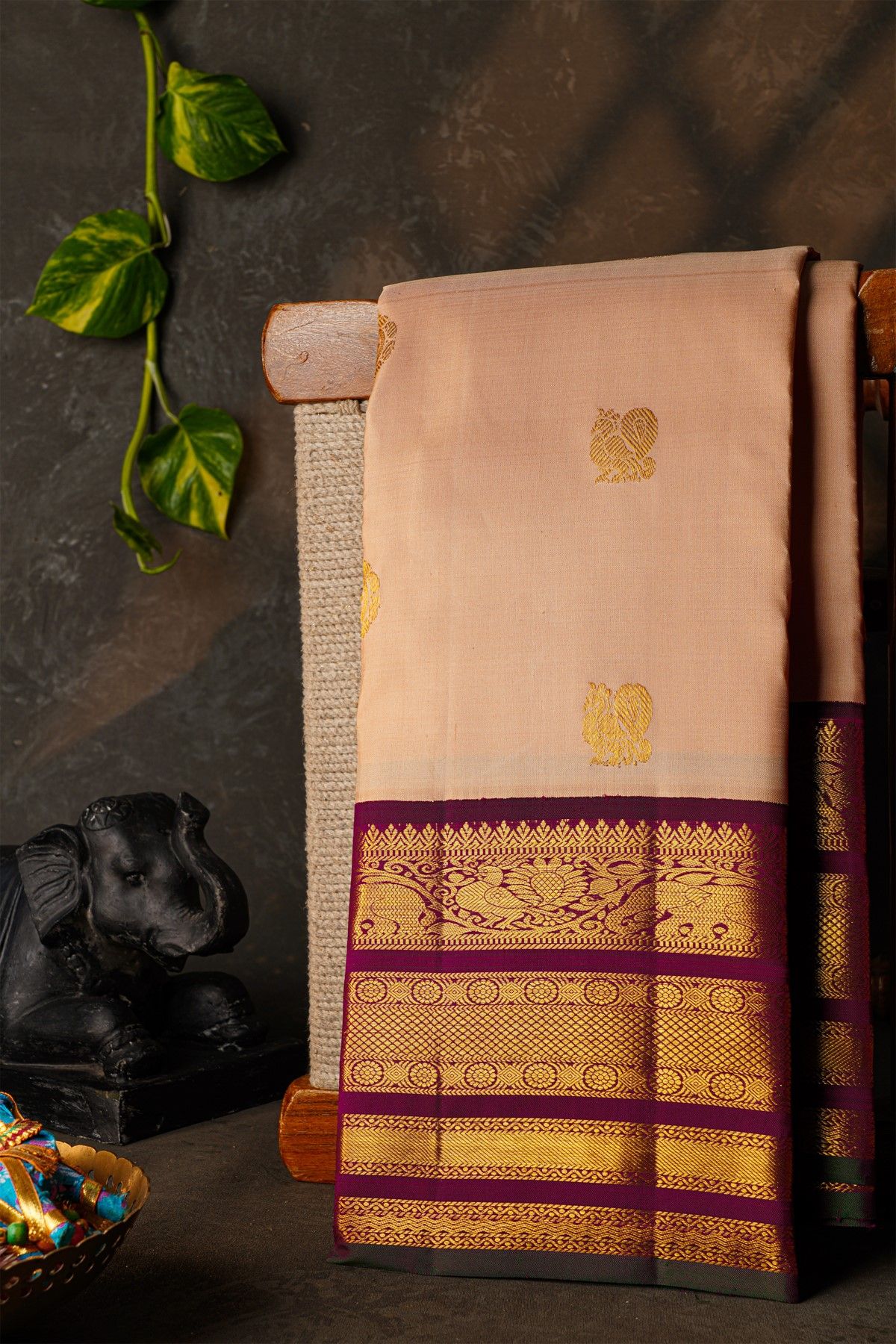 Kancheepuram Silk Peach Pink Saree With Purple And Antique Gold Zari Floral Peacock Border