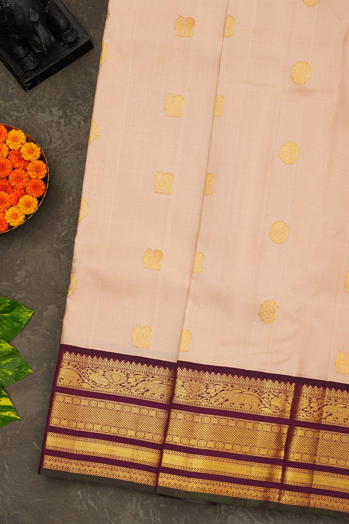Kancheepuram Silk Peach Pink Saree With Purple And Antique Gold Zari Floral Peacock Border