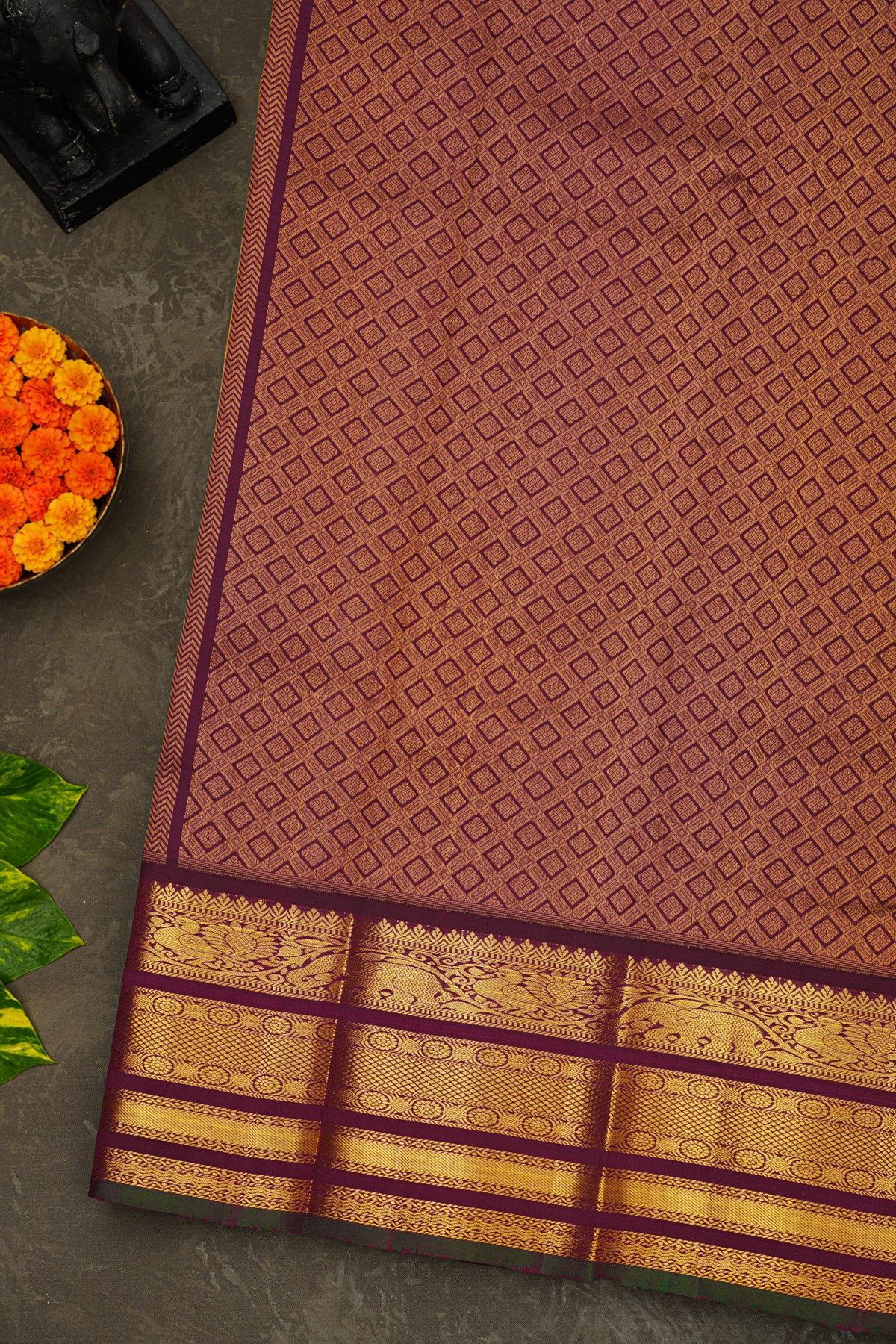 Kancheepuram Silk Peach Pink Saree With Purple And Antique Gold Zari Floral Peacock Border