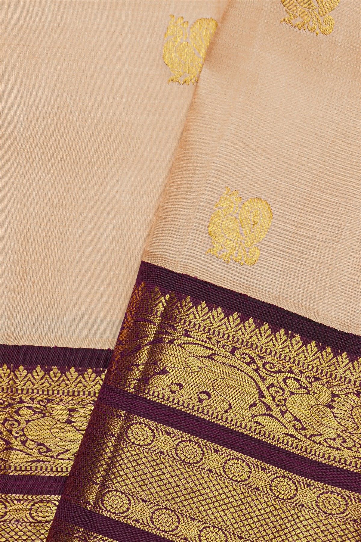 Kancheepuram Silk Peach Pink Saree With Purple And Antique Gold Zari Floral Peacock Border