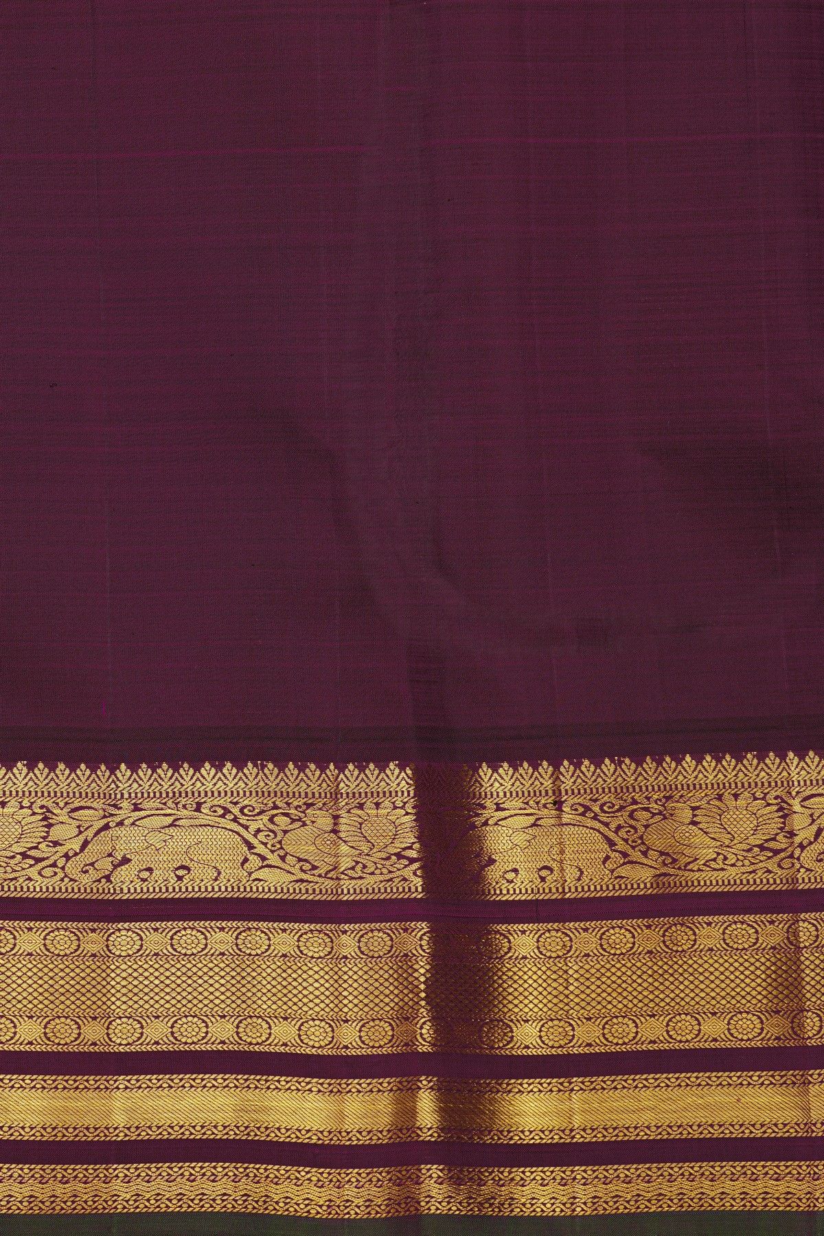 Kancheepuram Silk Peach Pink Saree With Purple And Antique Gold Zari Floral Peacock Border