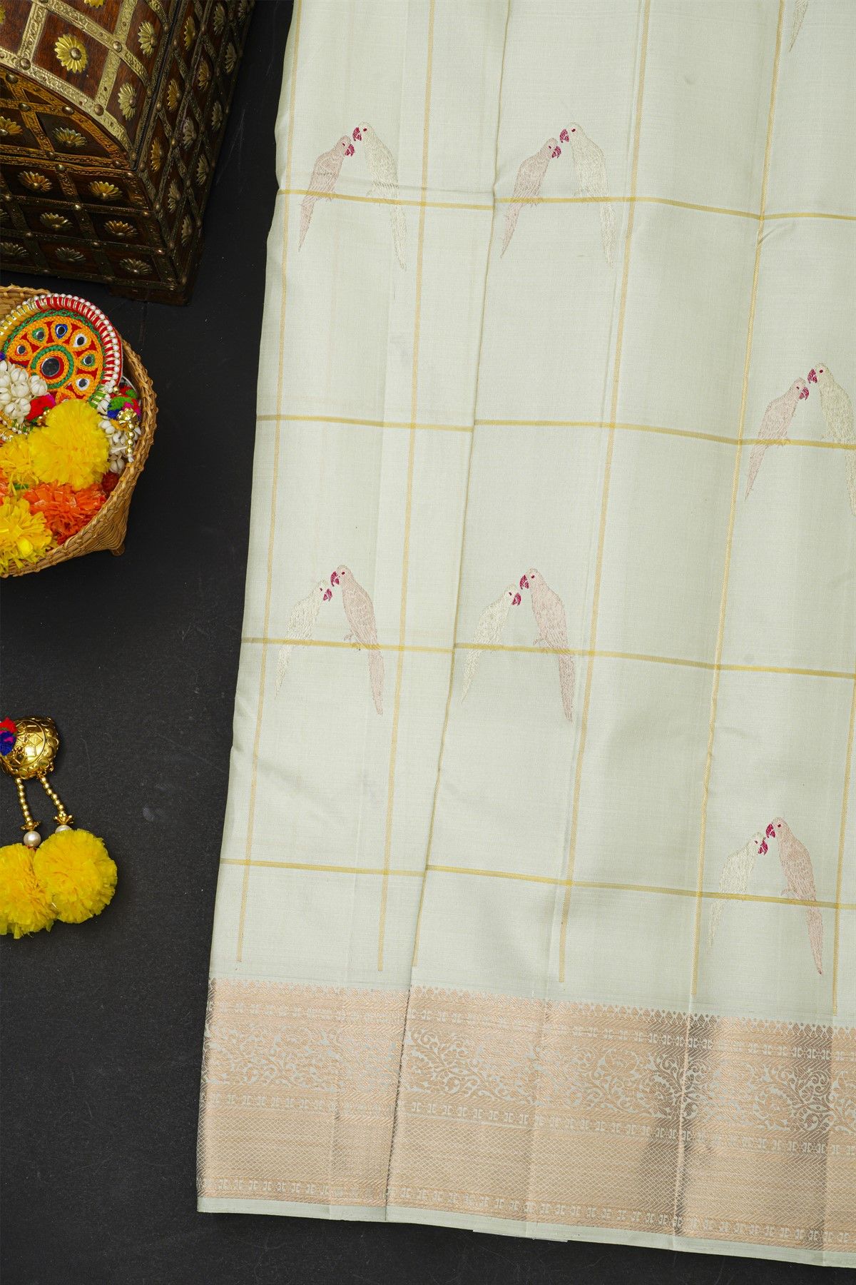 Kancheepuram Silk Off White Saree With Parrots In Checks Body