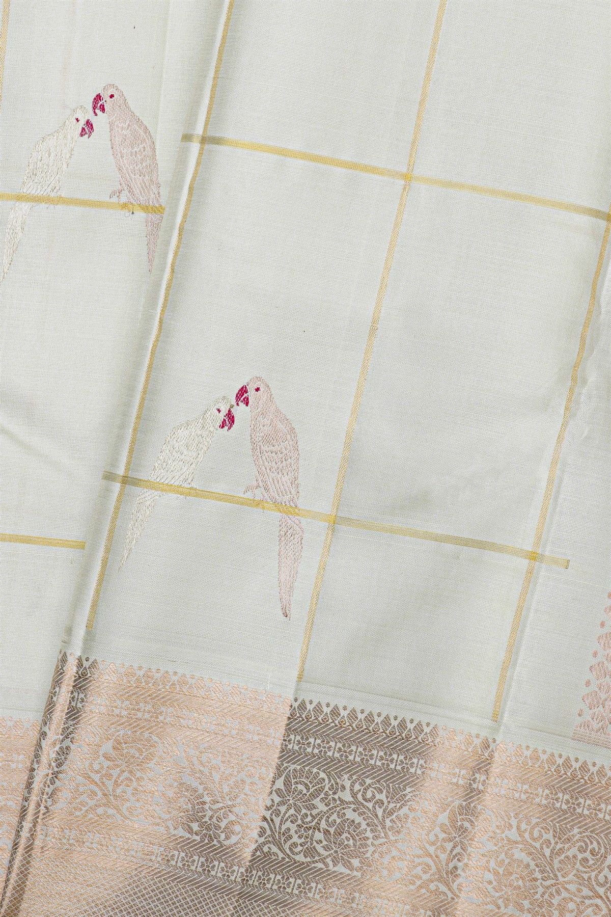 Kancheepuram Silk Off White Saree With Parrots In Checks Body