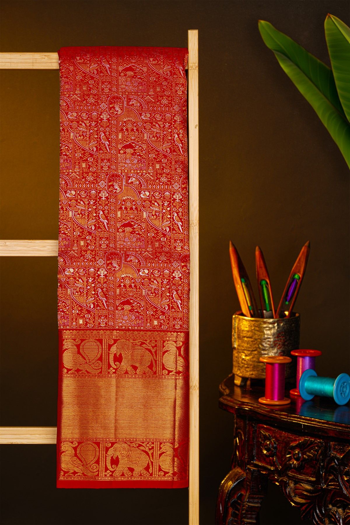 Kancheepuram Silk Red Saree With All Over Silver And Gold Zari Weaving Body