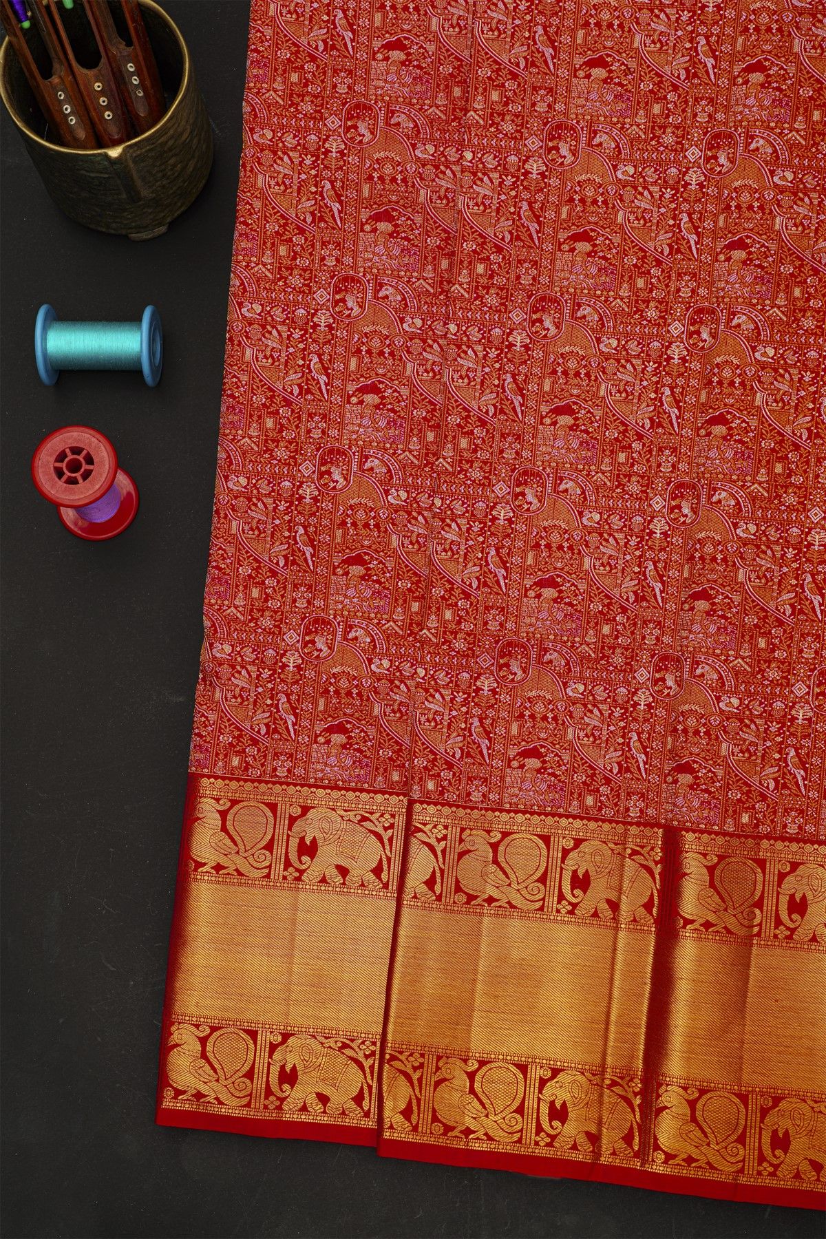 Kancheepuram Silk Red Saree With All Over Silver And Gold Zari Weaving Body