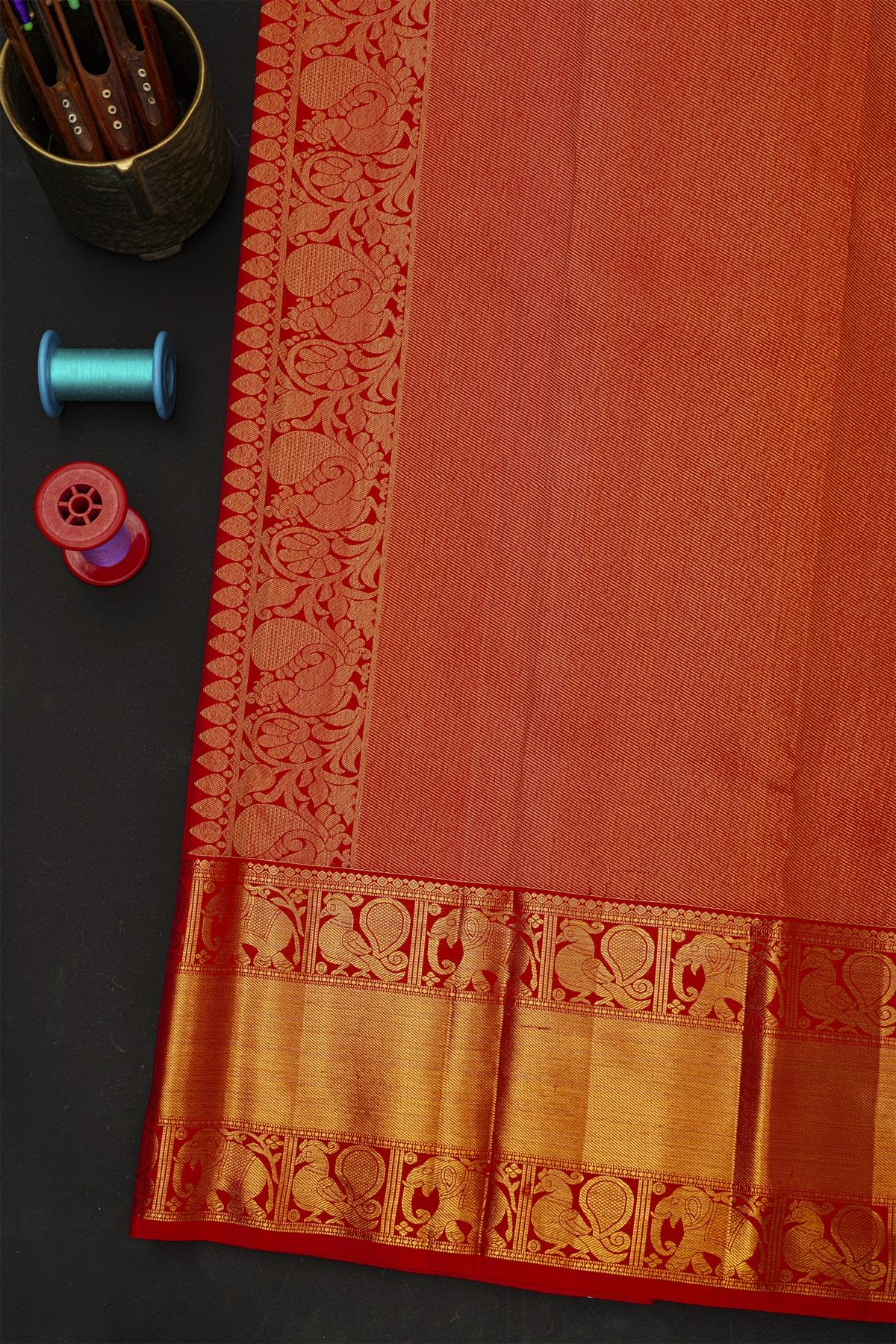 Kancheepuram Silk Red Saree With All Over Silver And Gold Zari Weaving Body
