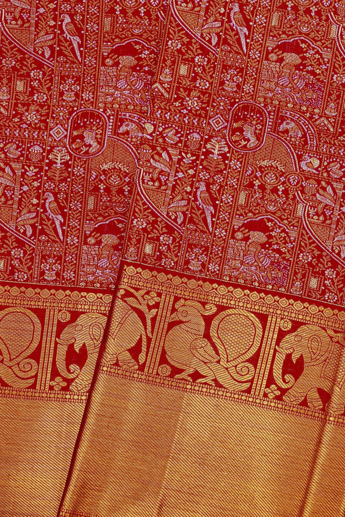 Kancheepuram Silk Red Saree With All Over Silver And Gold Zari Weaving Body