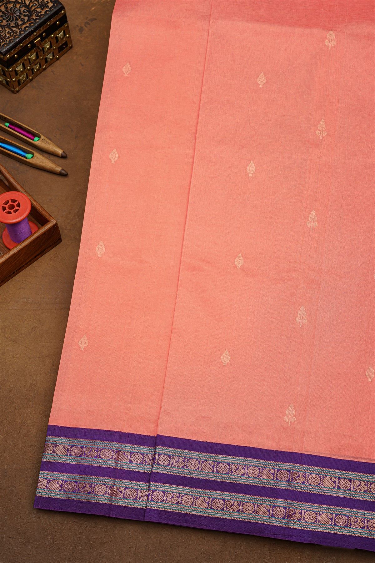 Kuppadam Sico Peach Saree With Paisley And Florals Gap Border