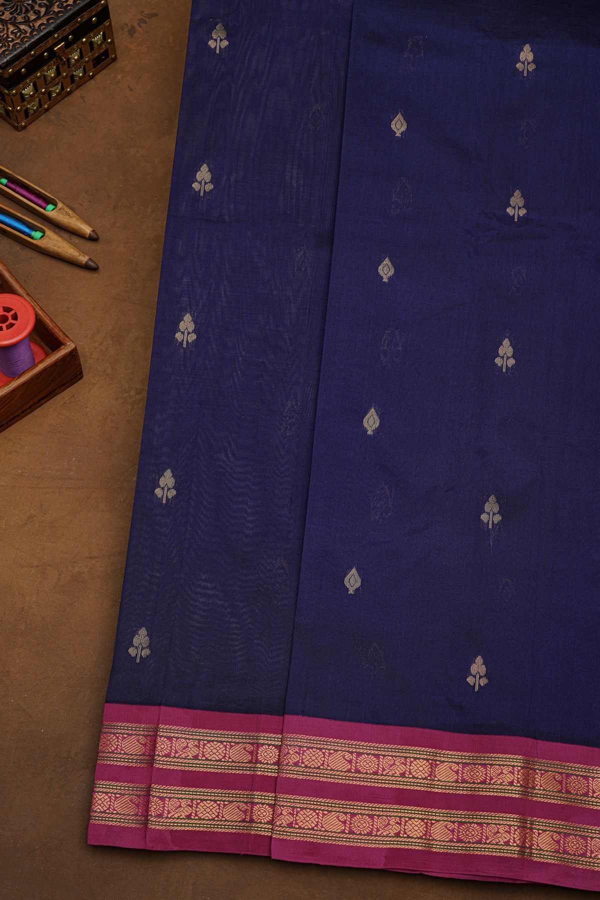 Kuppadam Sico Navy Blue Saree With Florals And Buttis Body
