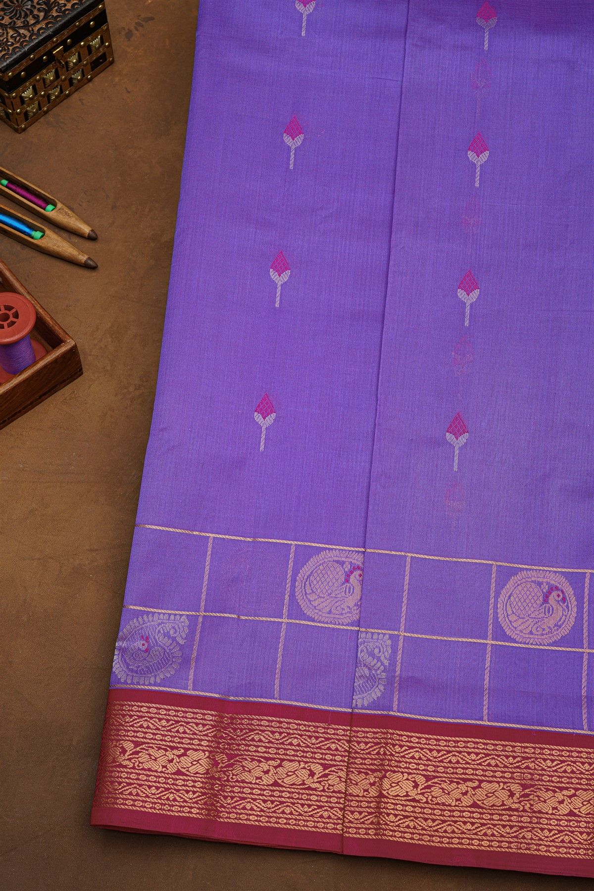 Kuppadam Sico Lavender Saree With Florals And Peacock Buttis In Checks Body