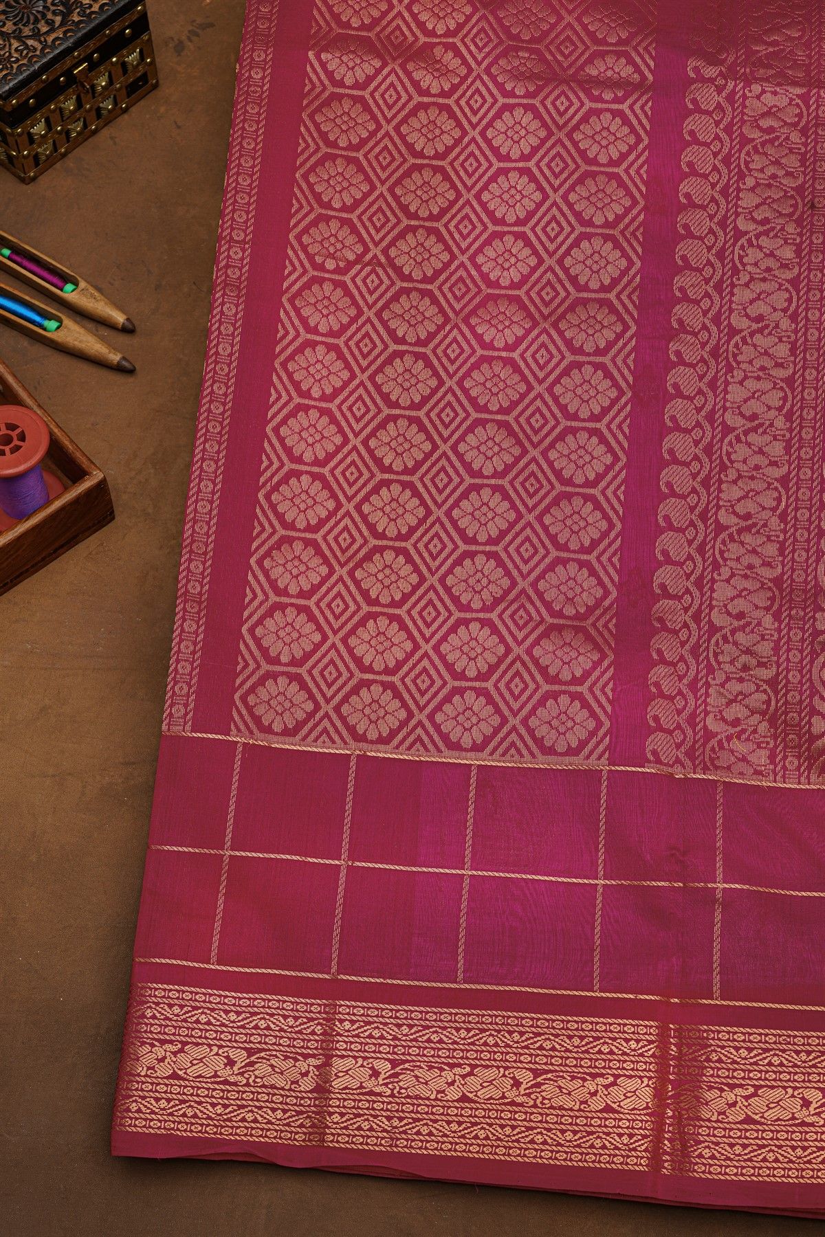 Kuppadam Sico Lavender Saree With Florals And Peacock Buttis In Checks Body
