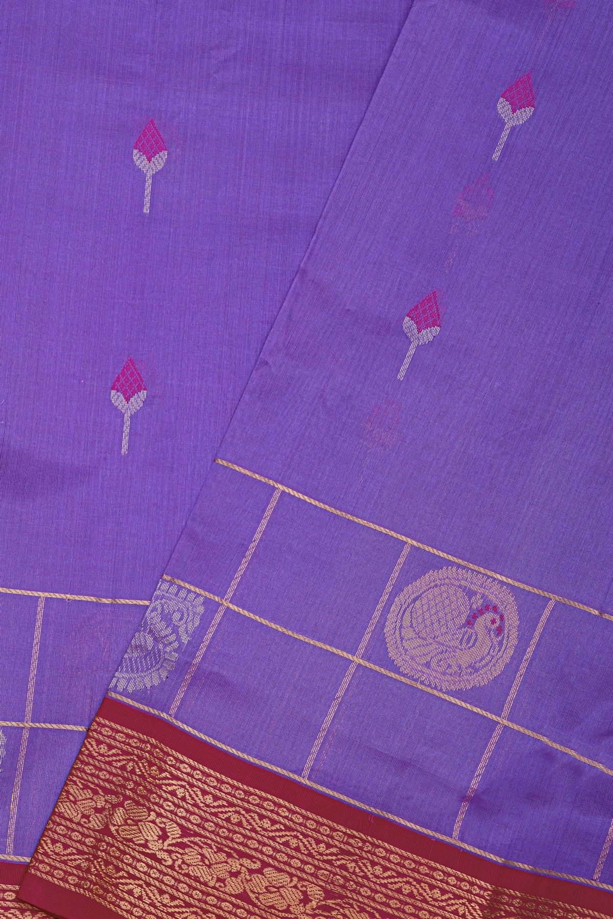 Kuppadam Sico Lavender Saree With Florals And Peacock Buttis In Checks Body