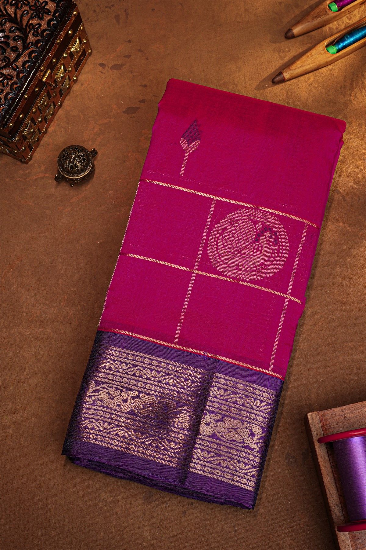 Kuppadam Sico Pink Saree With Florals And Peacock Buttis In Checks Body
