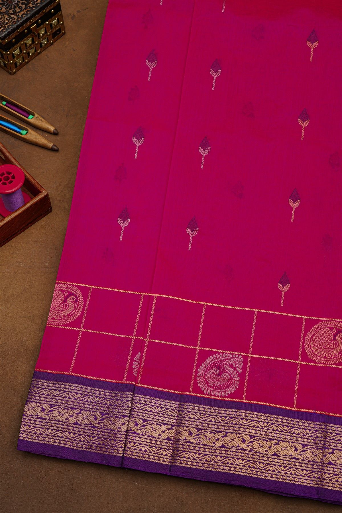 Kuppadam Sico Pink Saree With Florals And Peacock Buttis In Checks Body