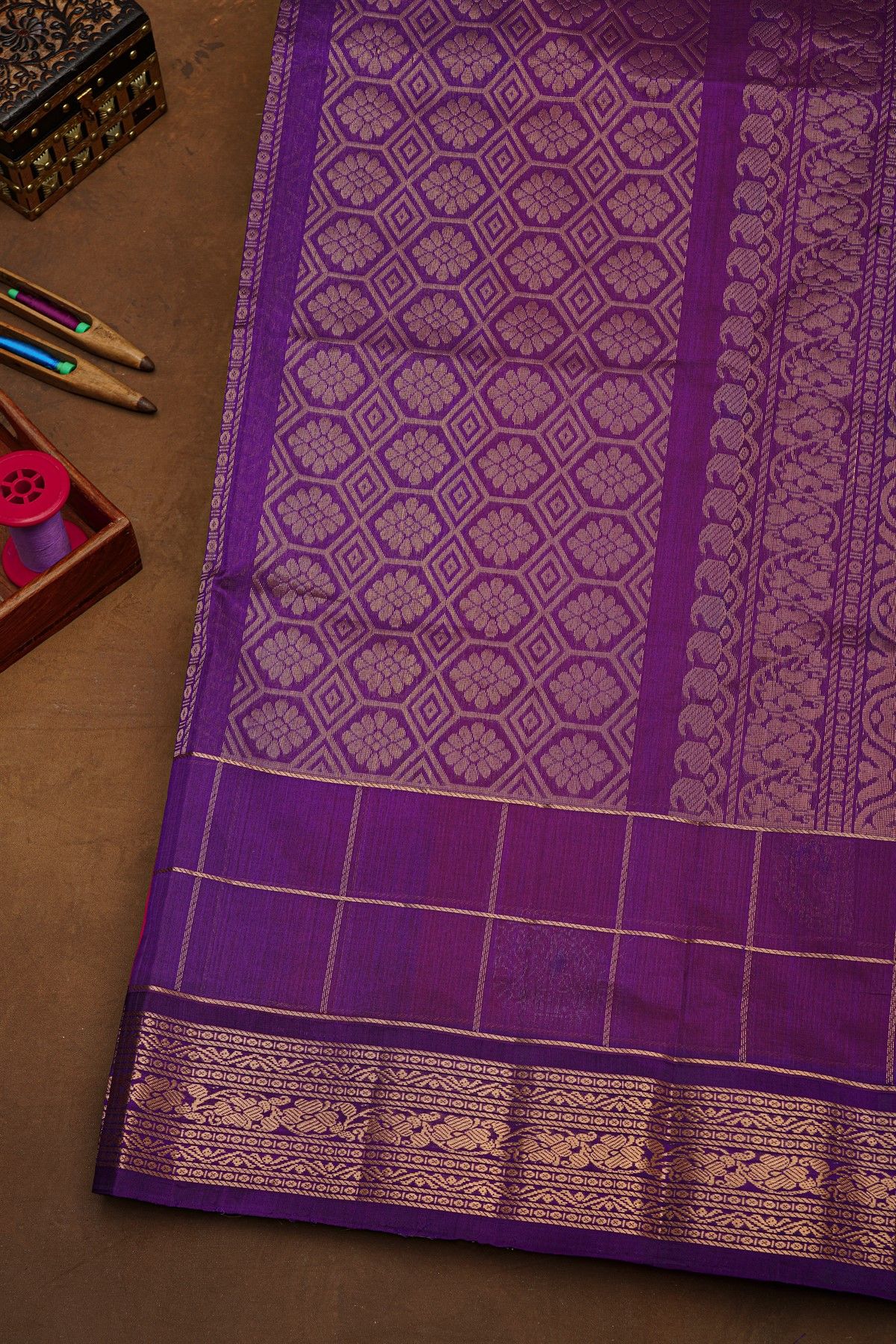 Kuppadam Sico Pink Saree With Florals And Peacock Buttis In Checks Body