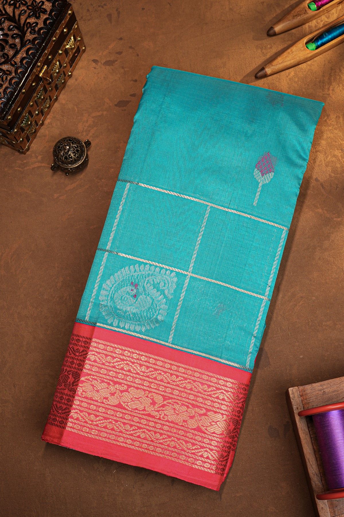 Kuppadam Sico Sky Blue Saree With Florals And Buttis In Checks Body