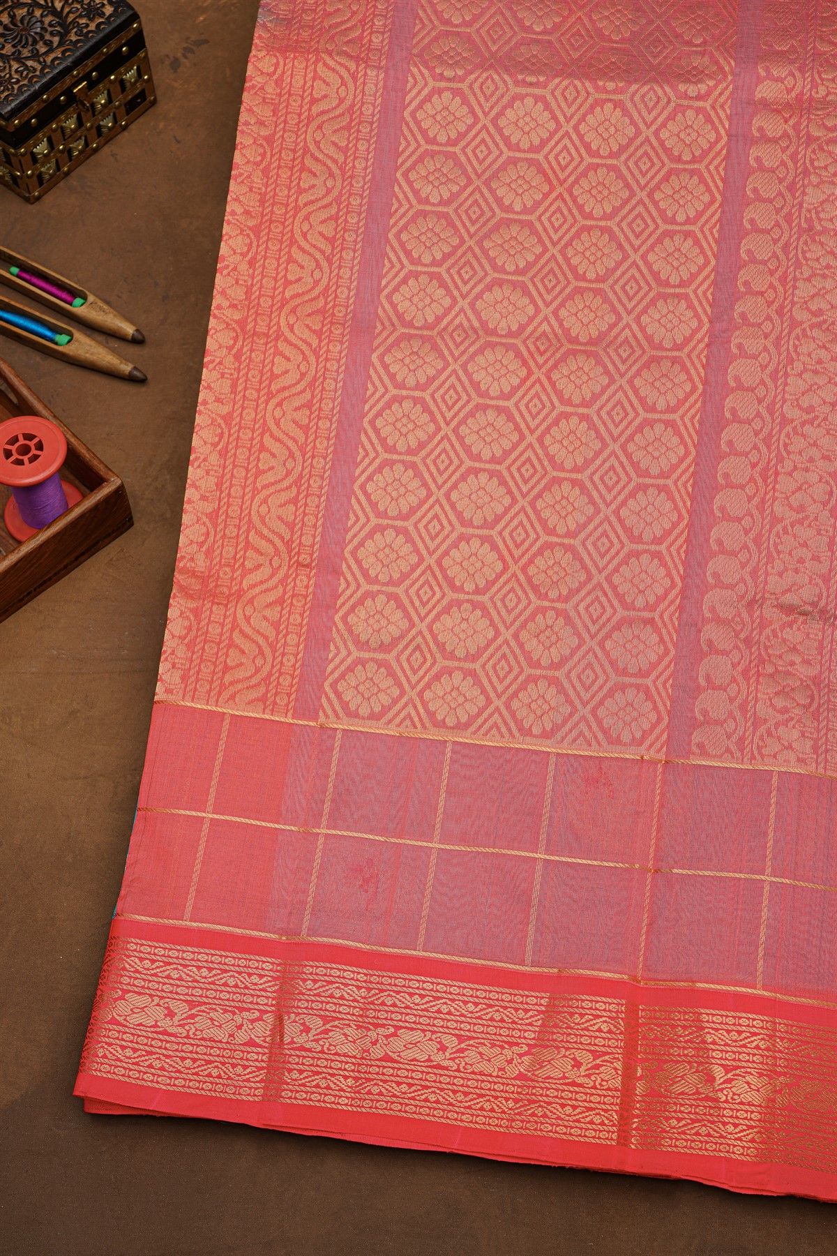 Kuppadam Sico Sky Blue Saree With Florals And Buttis In Checks Body