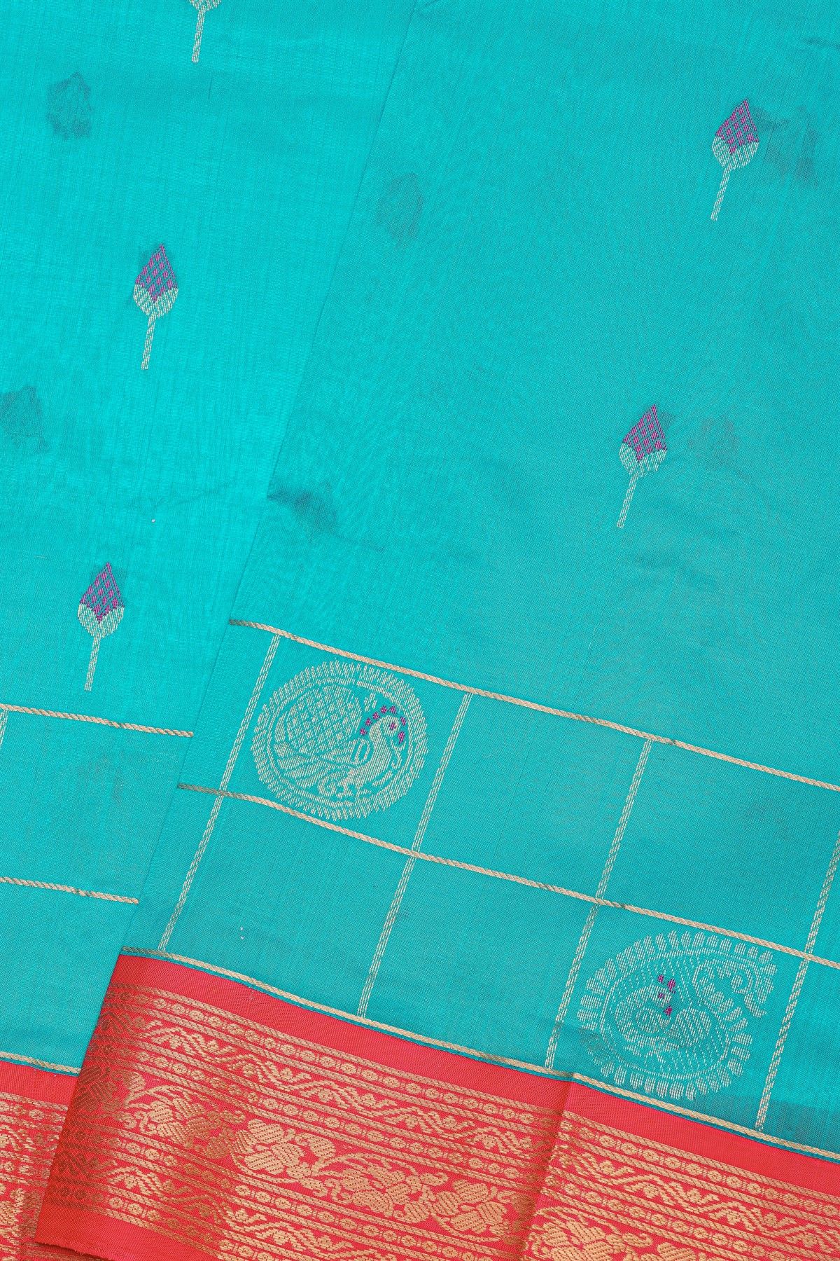 Kuppadam Sico Sky Blue Saree With Florals And Buttis In Checks Body