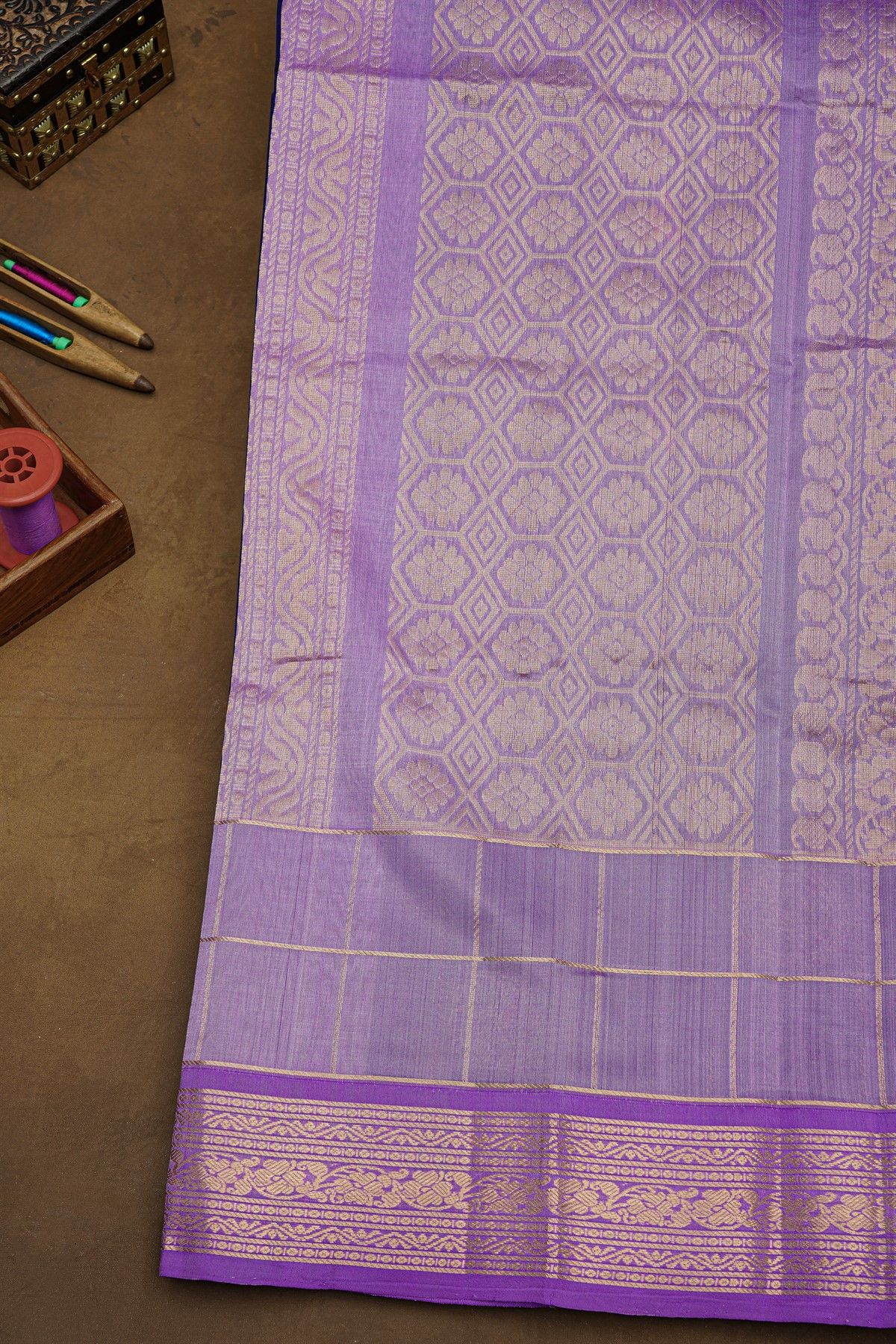 Kuppadam Sico Blue Saree With Florals And Peacock Buttis In Checks Body
