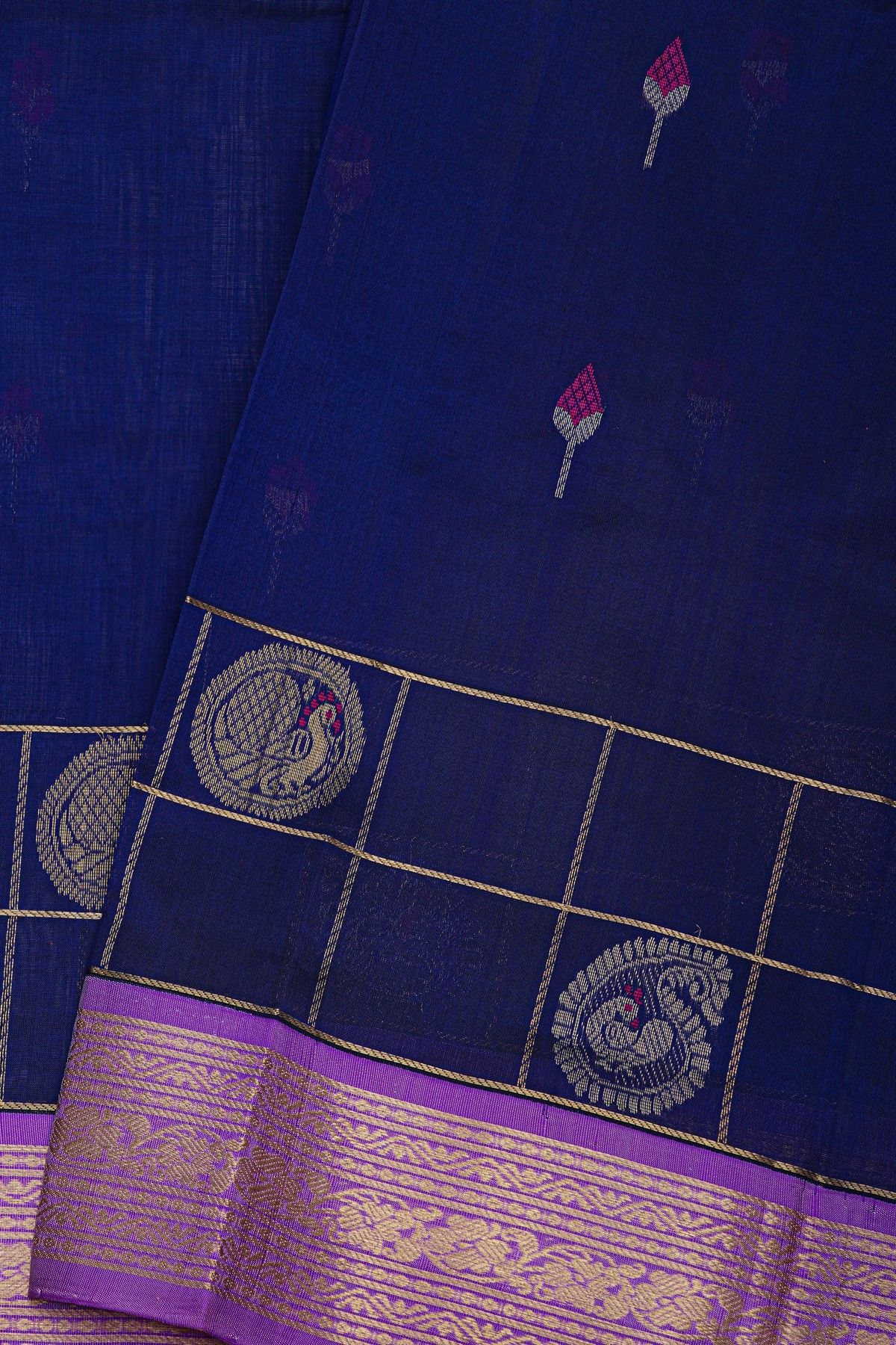 Kuppadam Sico Blue Saree With Florals And Peacock Buttis In Checks Body