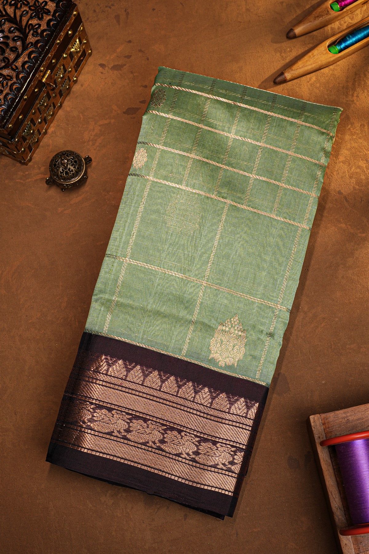 Kuppadam Sico Mint Green Saree With Floral And Butti Checks Body