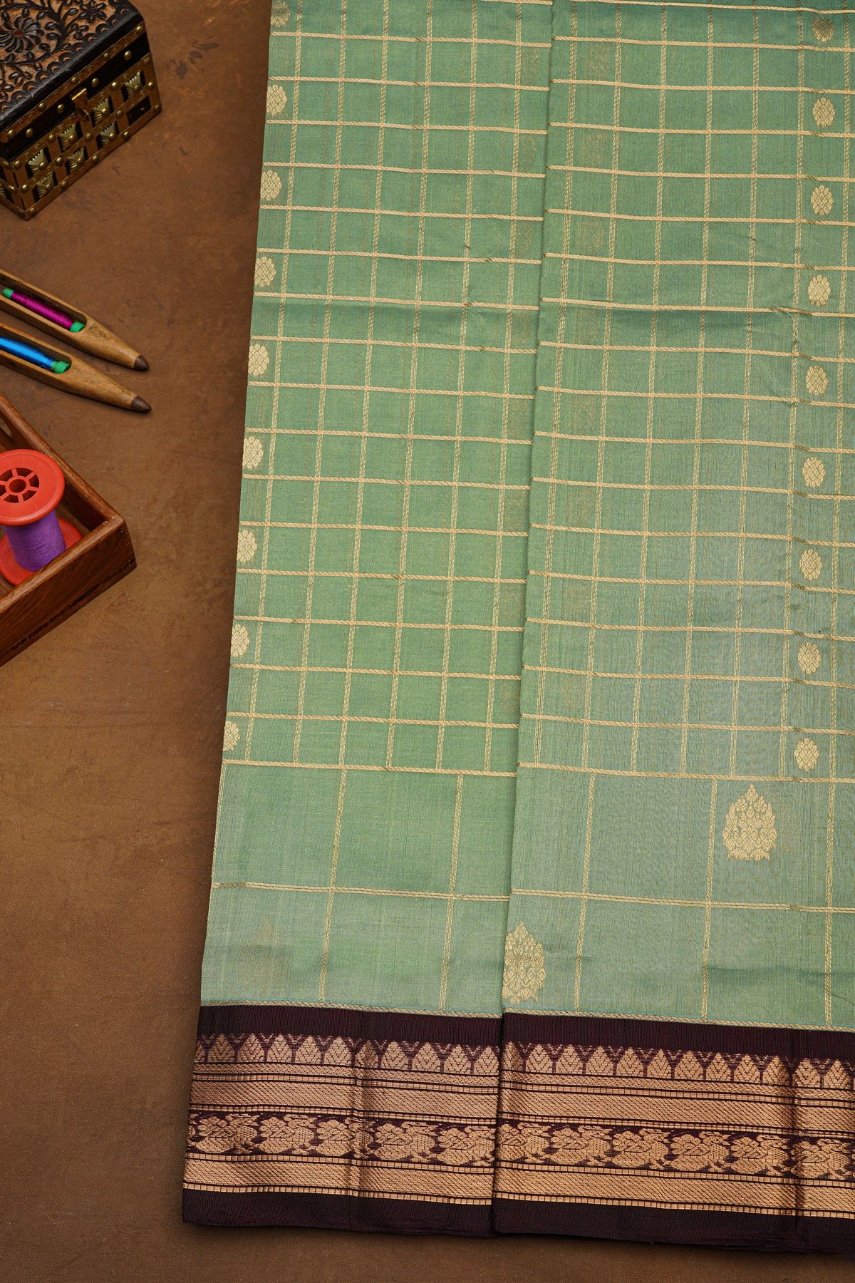 Kuppadam Sico Mint Green Saree With Floral And Butti Checks Body