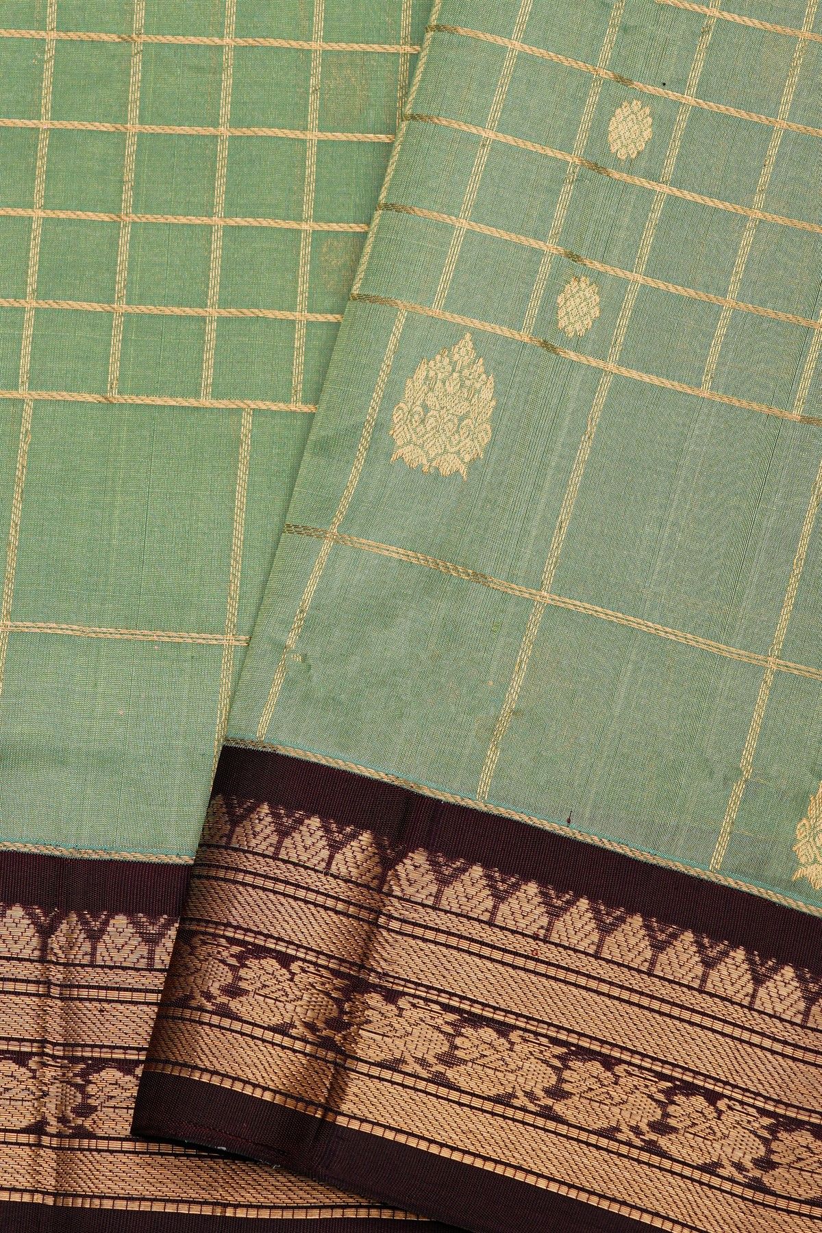 Kuppadam Sico Mint Green Saree With Floral And Butti Checks Body