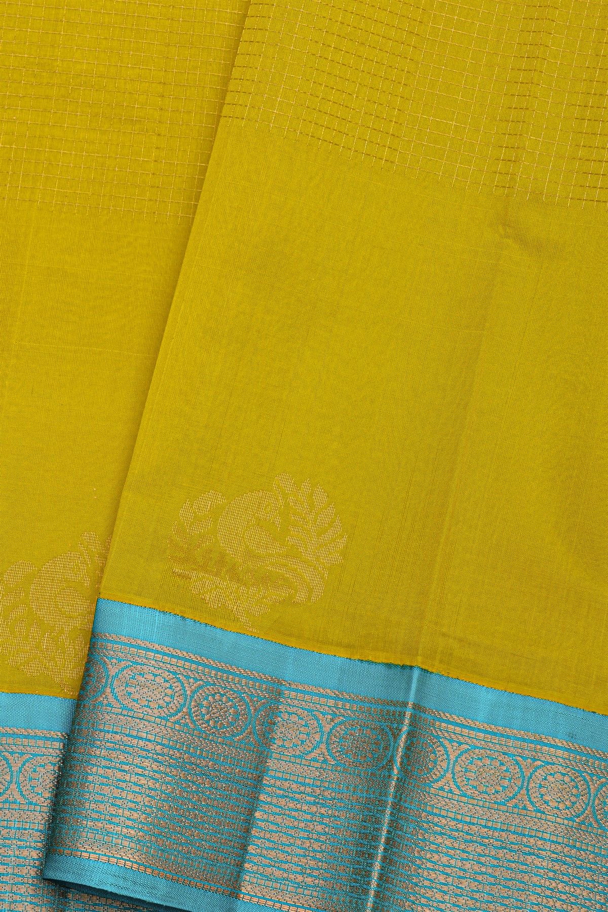 Kuppadam Sico Yellow Saree With Peacock Butti Checks Body