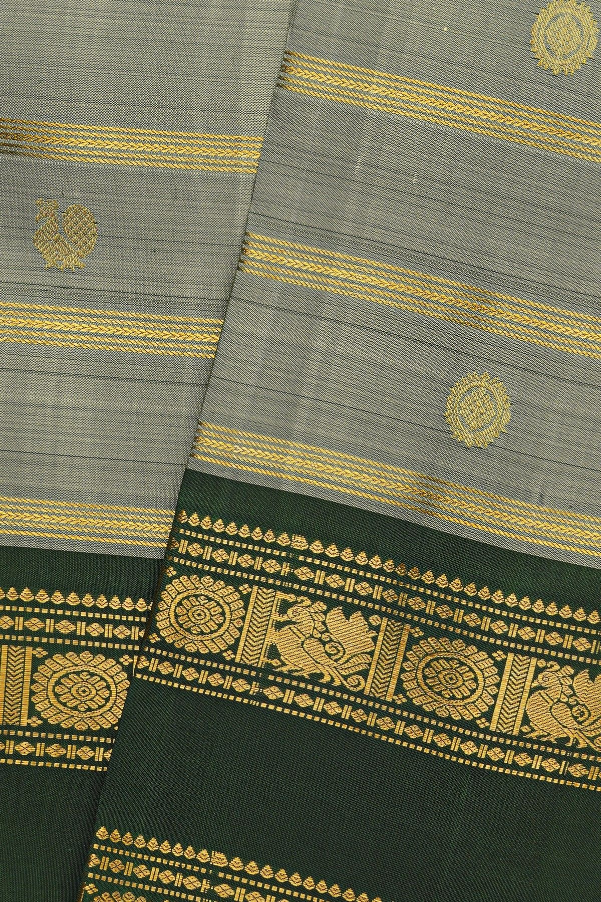 Kancheepuram Silk Dual Colour Saree With Florals And Peacocks Traditional Gap Border