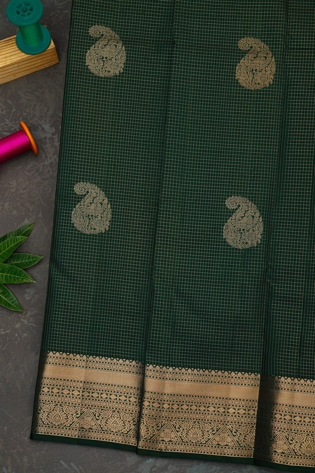 Kancheepuram Silk Bottle Green Saree With Zari Checks And Peacock Paisley Body