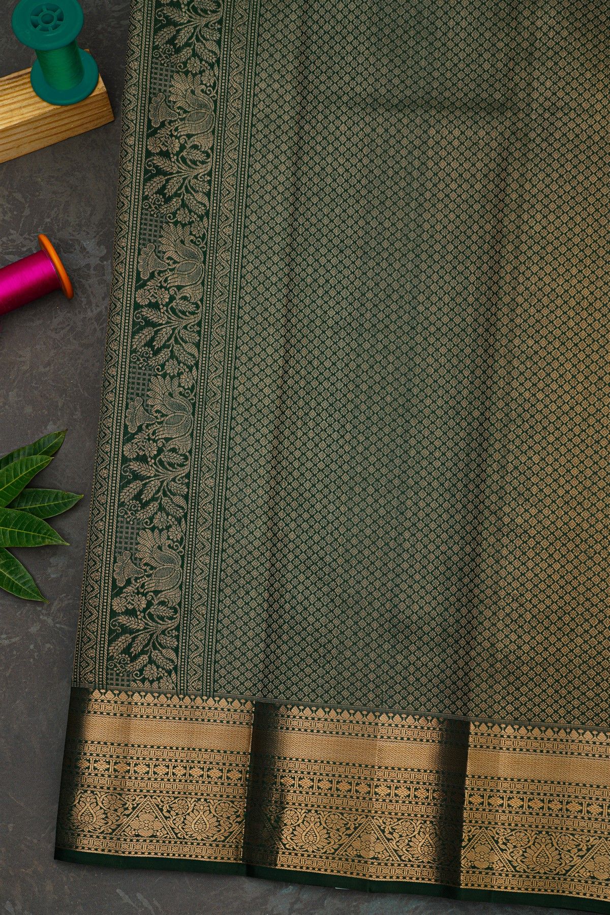 Kancheepuram Silk Bottle Green Saree With Zari Checks And Peacock Paisley Body
