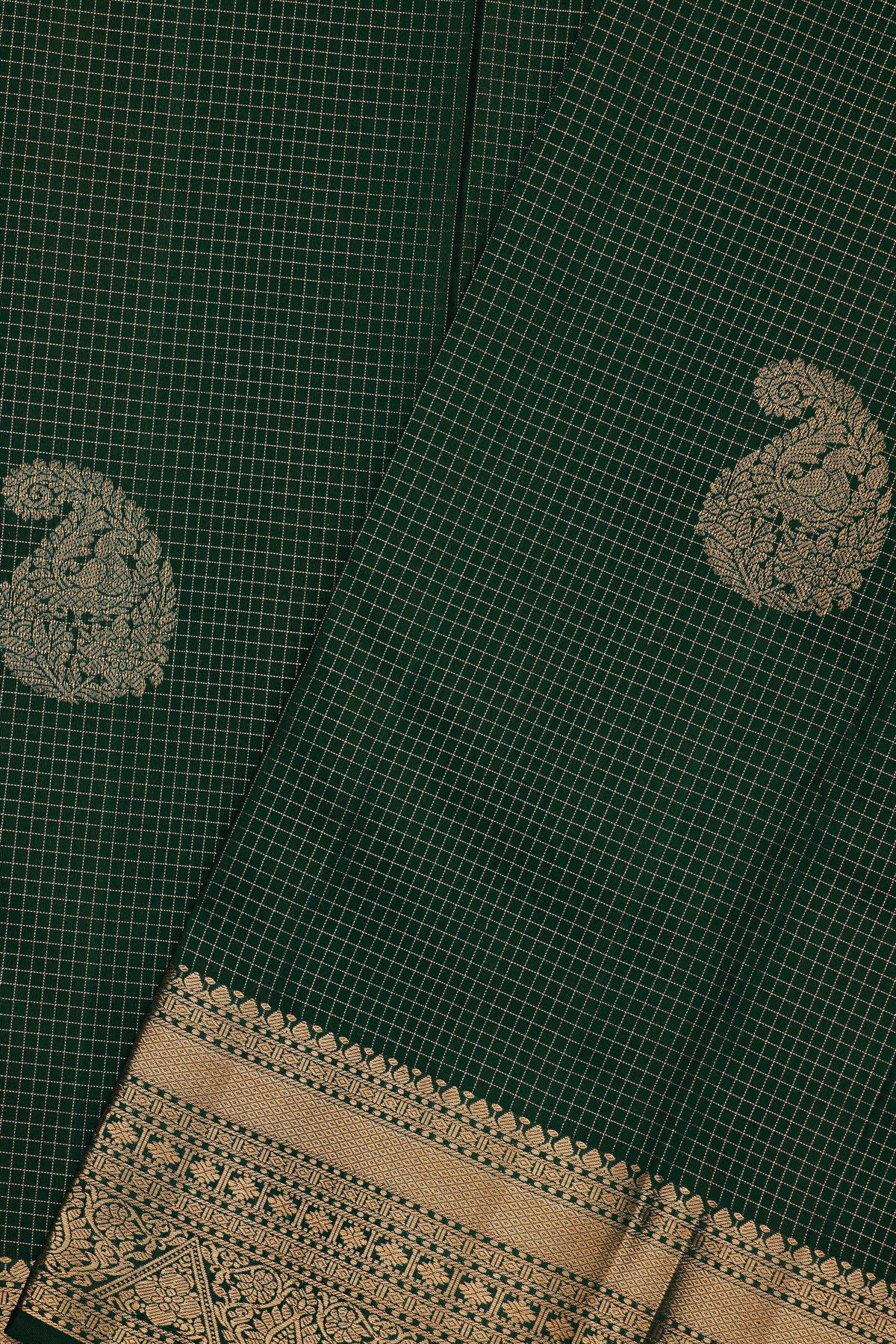 Kancheepuram Silk Bottle Green Saree With Zari Checks And Peacock Paisley Body