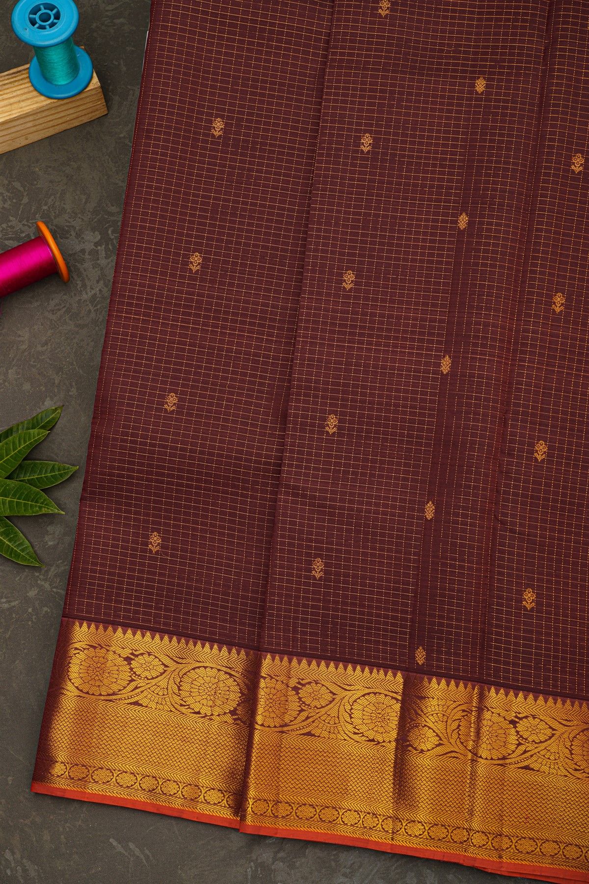 Kancheepuram Silk Dark Maroon Saree With Zari Checks Floral And Leaf Jaal Border