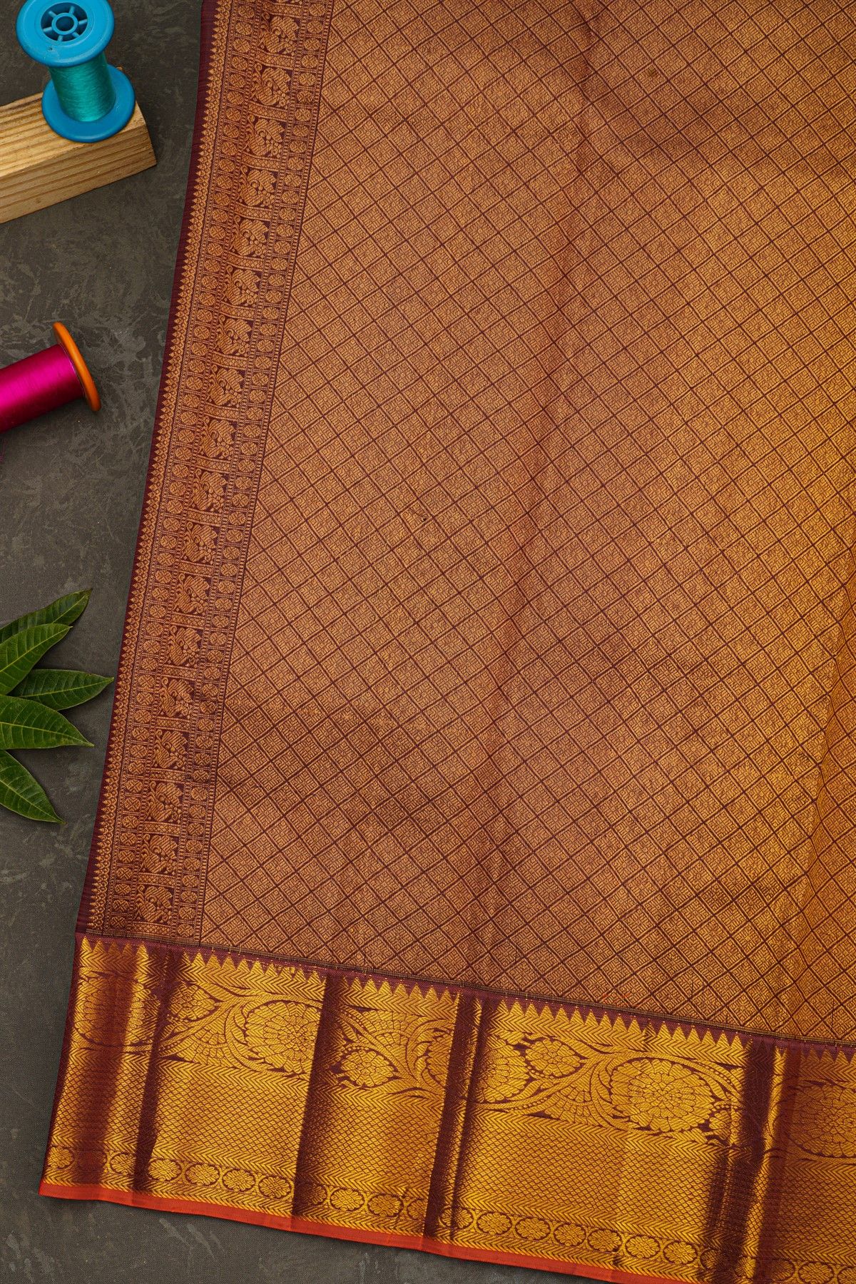 Kancheepuram Silk Dark Maroon Saree With Zari Checks Floral And Leaf Jaal Border