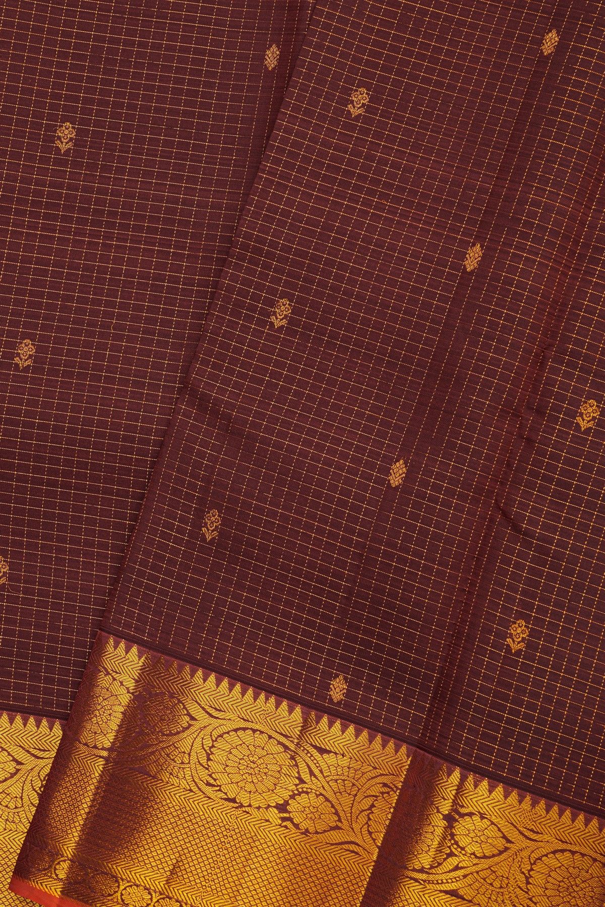 Kancheepuram Silk Dark Maroon Saree With Zari Checks Floral And Leaf Jaal Border