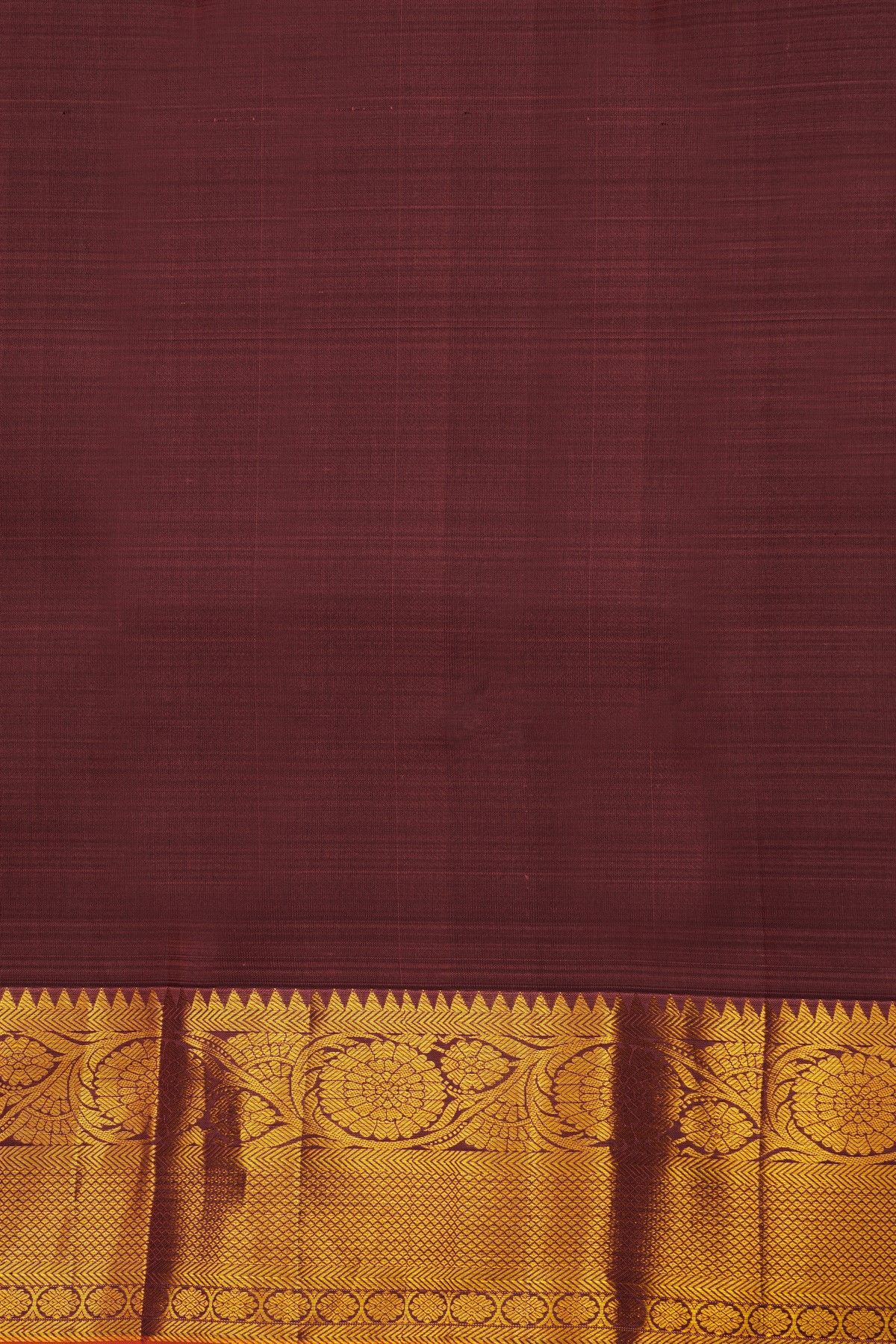 Kancheepuram Silk Dark Maroon Saree With Zari Checks Floral And Leaf Jaal Border