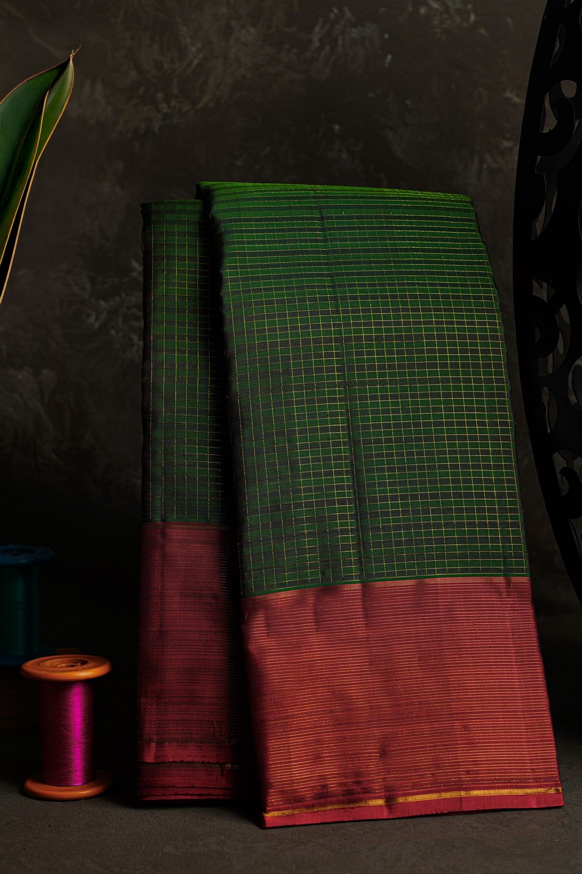 Kancheepuram Silk Bottle Green Saree With Zari Checks Body