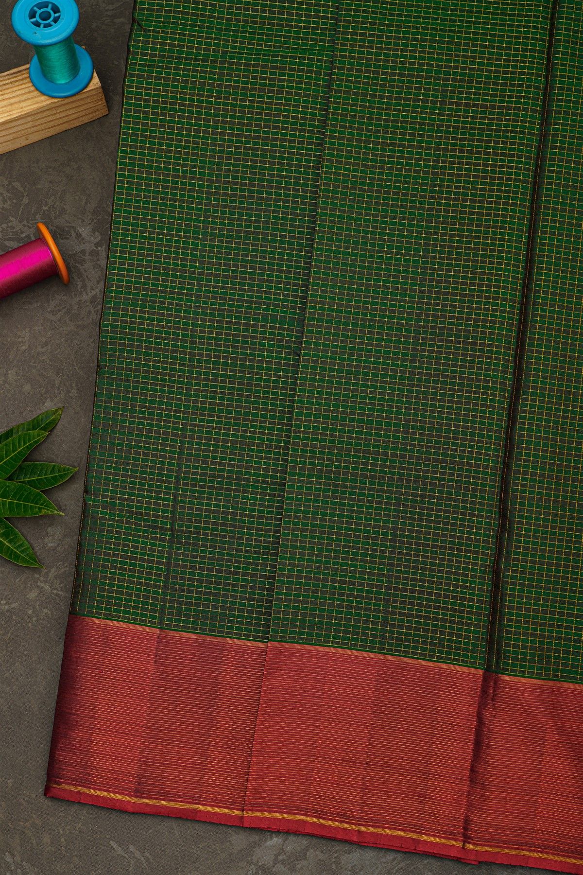 Kancheepuram Silk Bottle Green Saree With Zari Checks Body