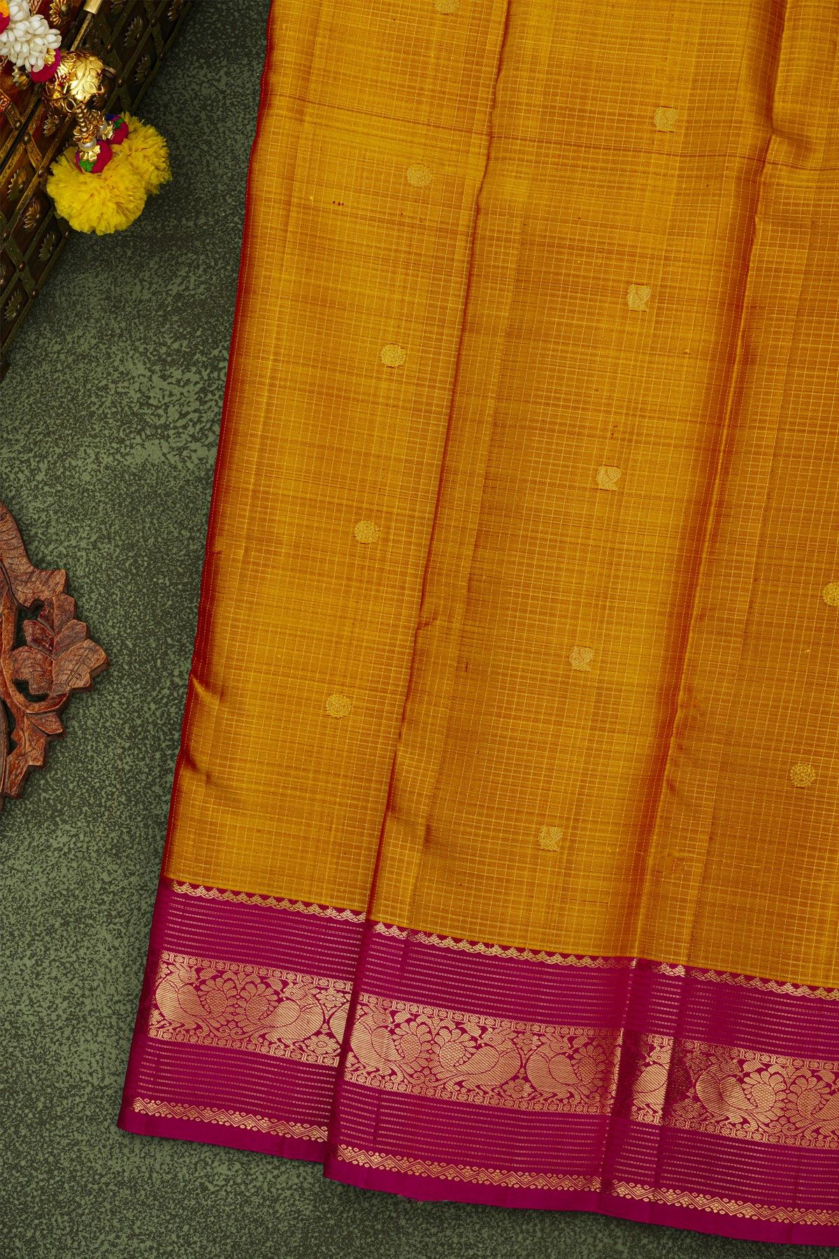 Kancheepuram Silk Mustard Yellow Saree With Zari Checks Florals And Peacock Buttis Body