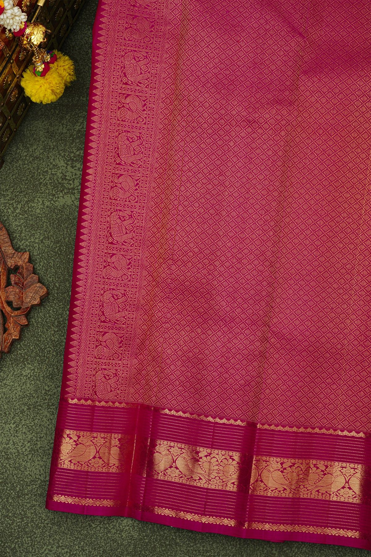 Kancheepuram Silk Mustard Yellow Saree With Zari Checks Florals And Peacock Buttis Body