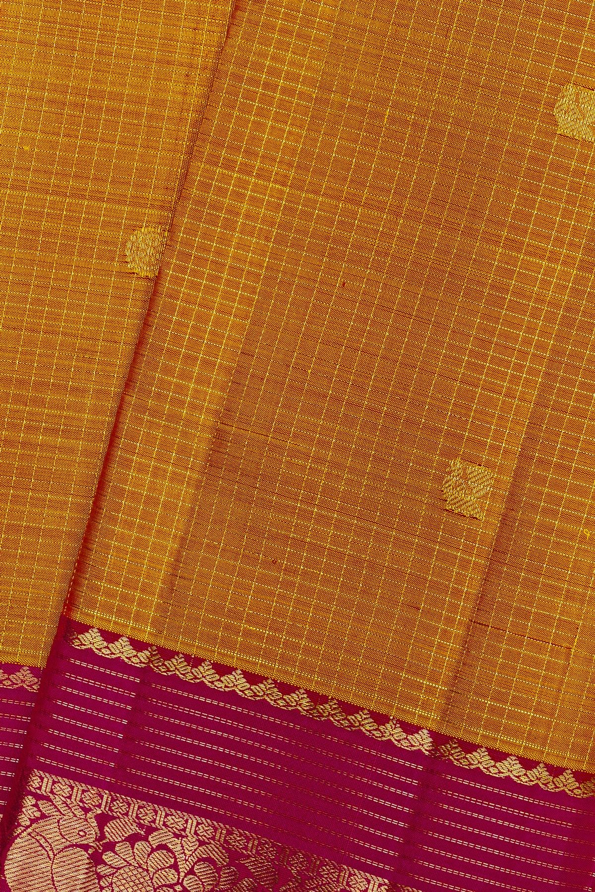 Kancheepuram Silk Mustard Yellow Saree With Zari Checks Florals And Peacock Buttis Body