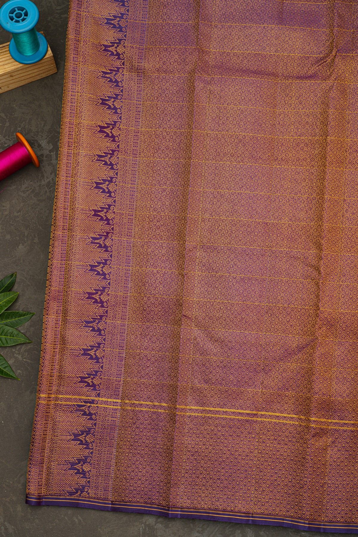 Kancheepuram Silk Violet Saree With Zari Checks And Elephant Buttis Body