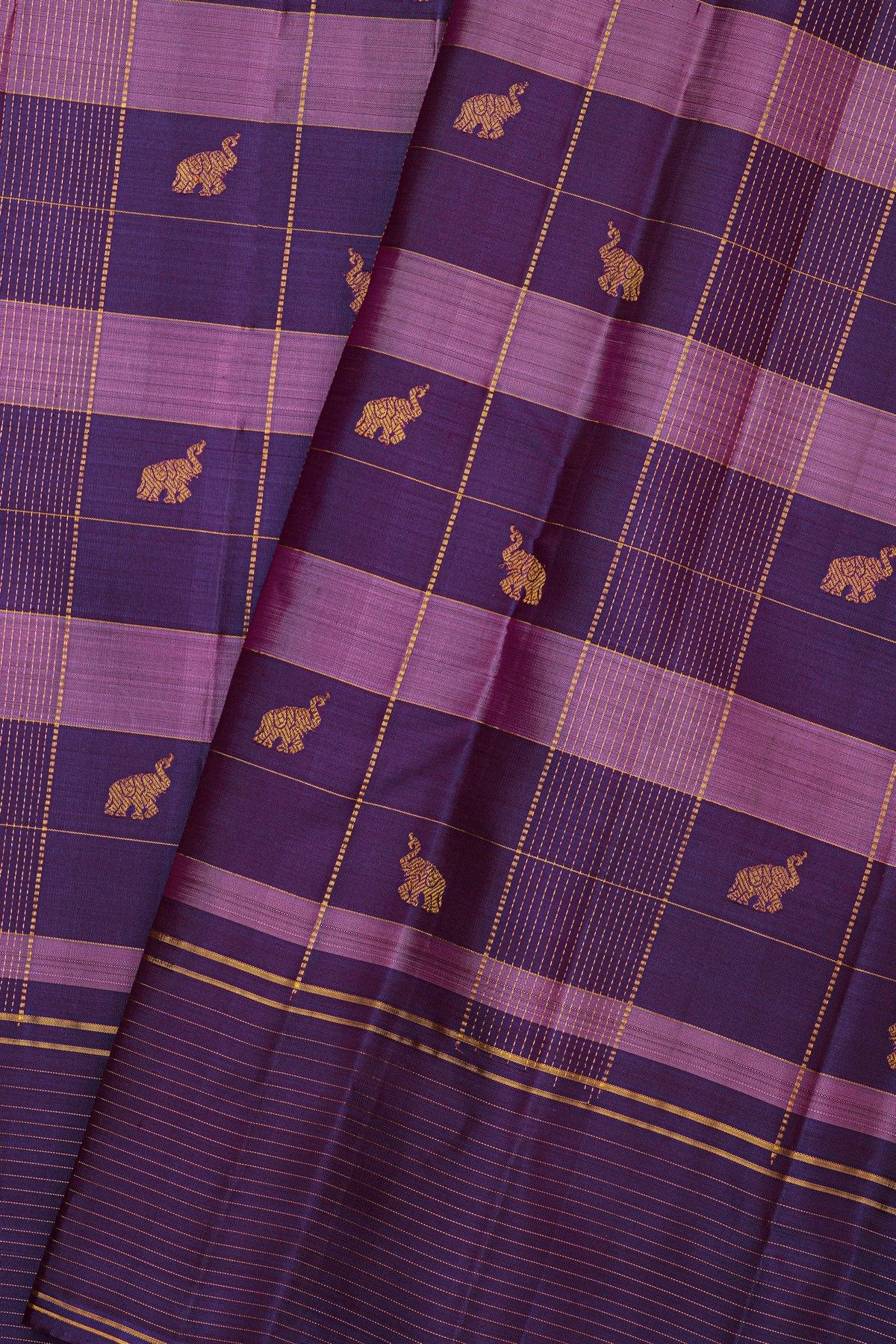 Kancheepuram Silk Violet Saree With Zari Checks And Elephant Buttis Body