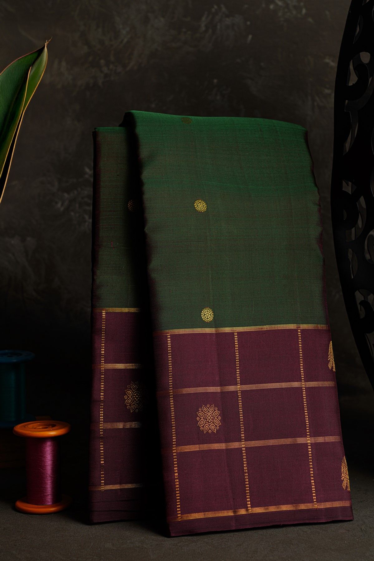 Kancheepuram Silk Bottle Green Saree With Floral And Elephant Buttis Body