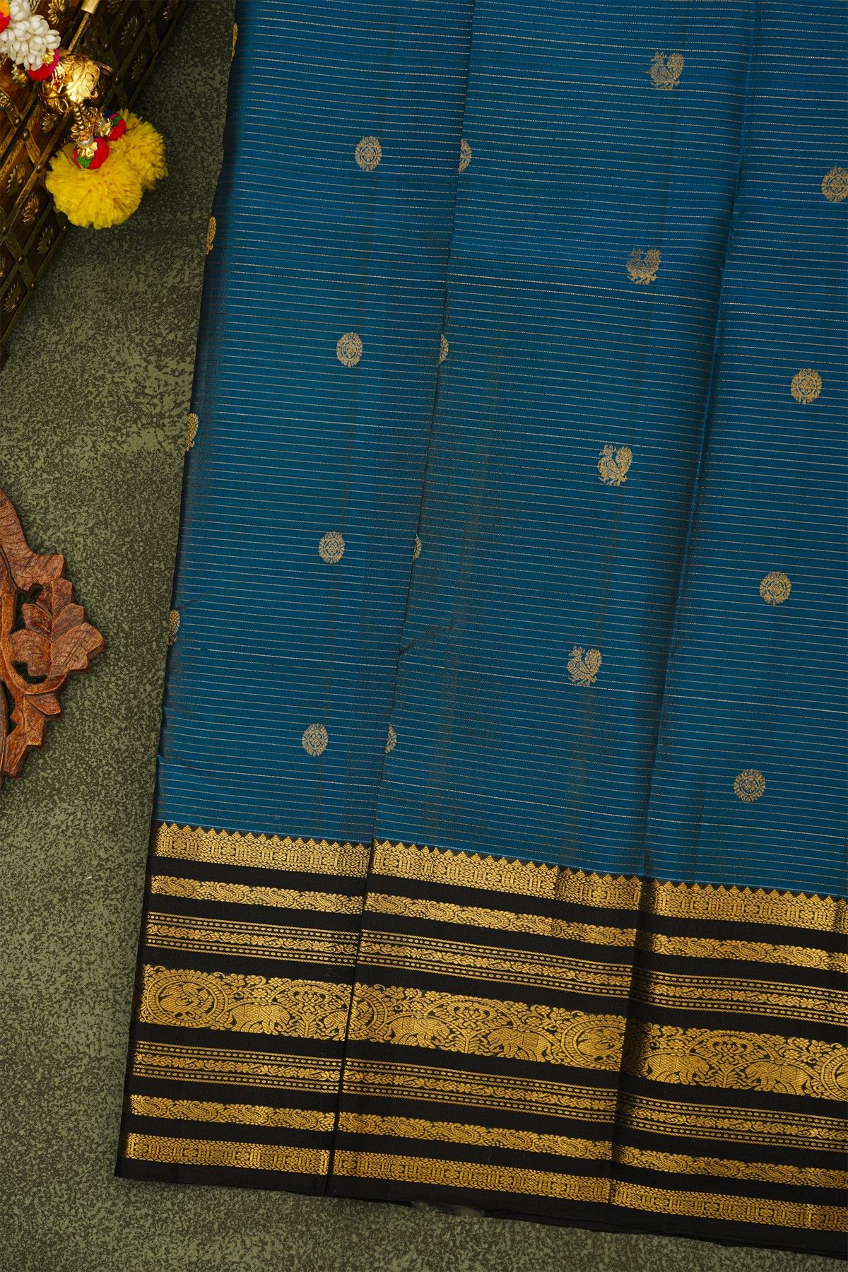 Kancheepuram Silk Royal Blue Saree With Zari Lines Florals And Peacocks Buttis Body