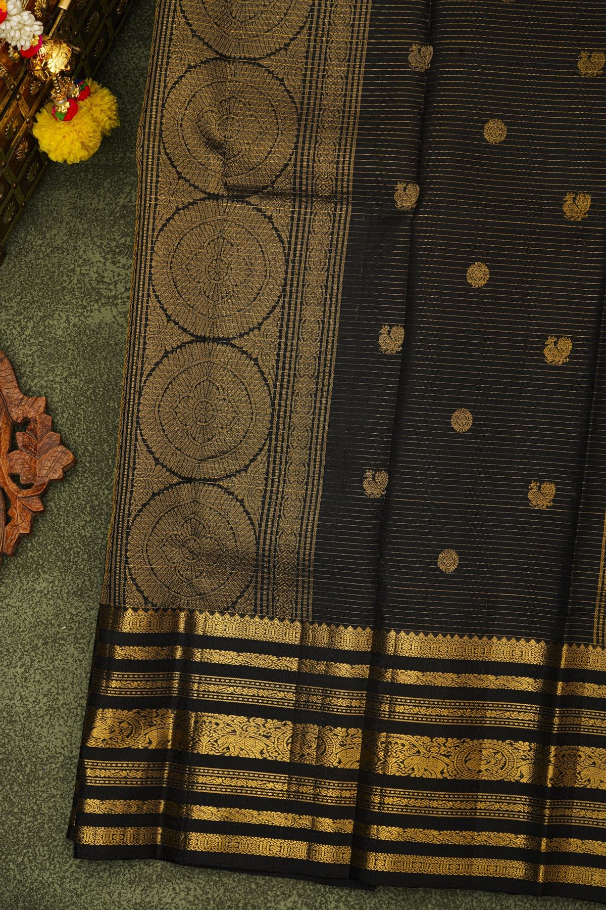 Kancheepuram Silk Royal Blue Saree With Zari Lines Florals And Peacocks Buttis Body